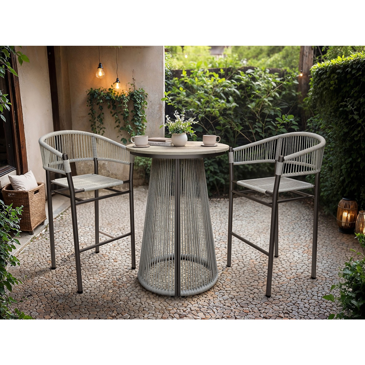 Solace+Co   Hana Round Table & Lita Chairs Garden Bar Set Dark Brown in Size Small, BrandAlley