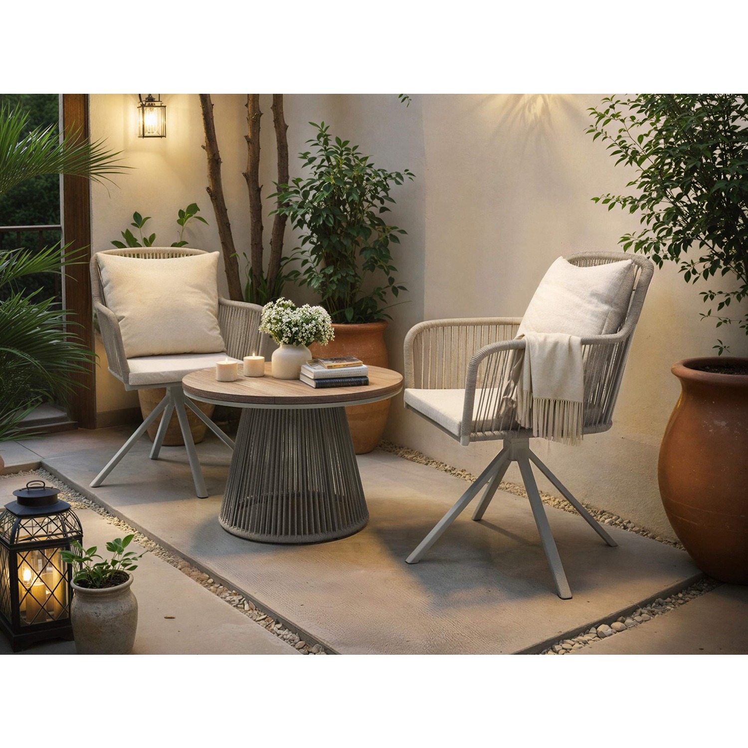 Solace+Co    Beige Hana Side Table White & Juno Swivel Chairs Rattan, BrandAlley