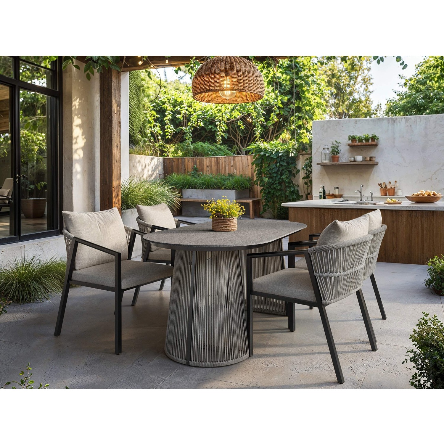 Solace+Co     Hana Oval Garden Dining Table Grey With Lynden Chairs  Brown Rattan in Size Set of 4, BrandAlley