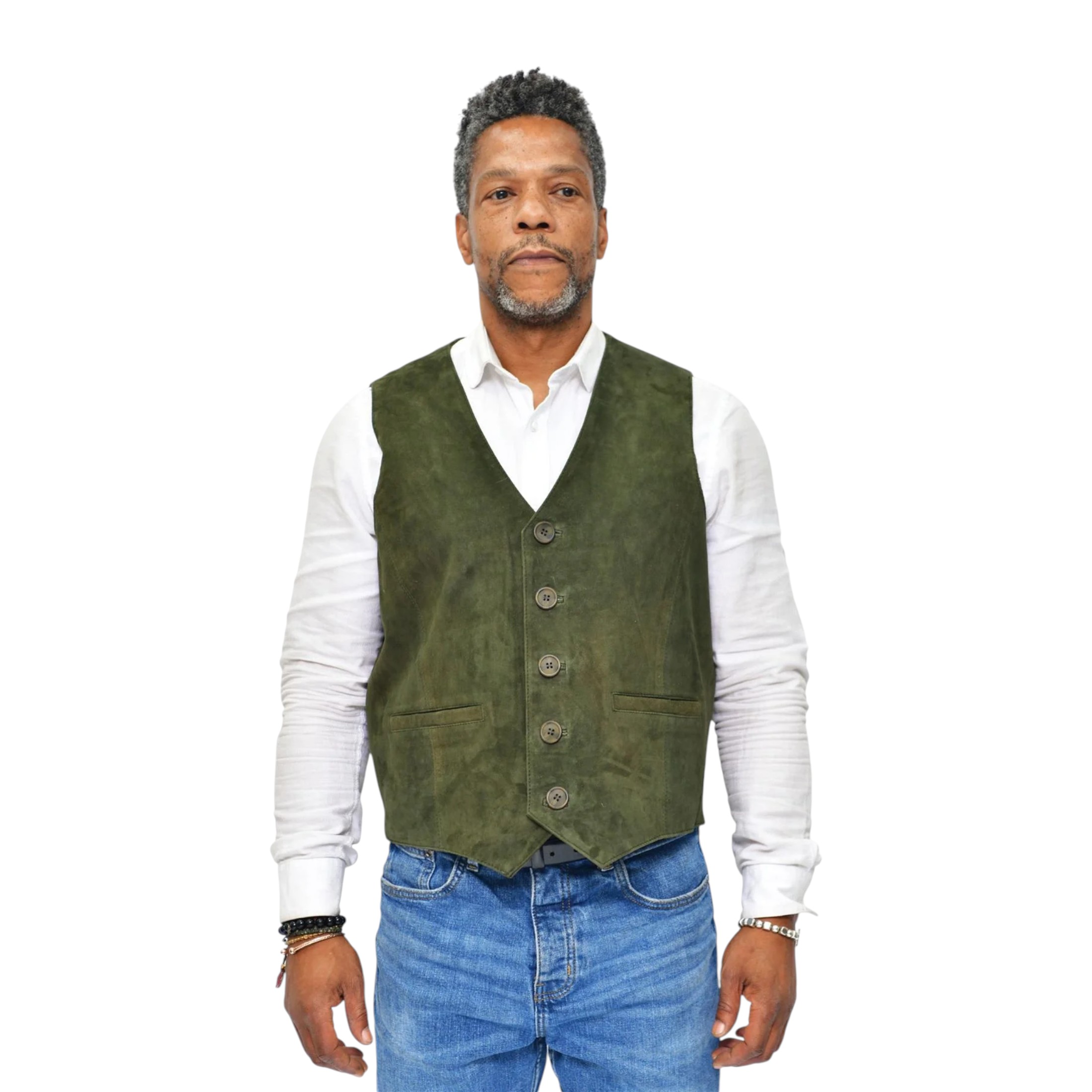 Infinity Leather Men's   Soft Suede Green Leather Waistcoat-Grays in Size S, BrandAlley