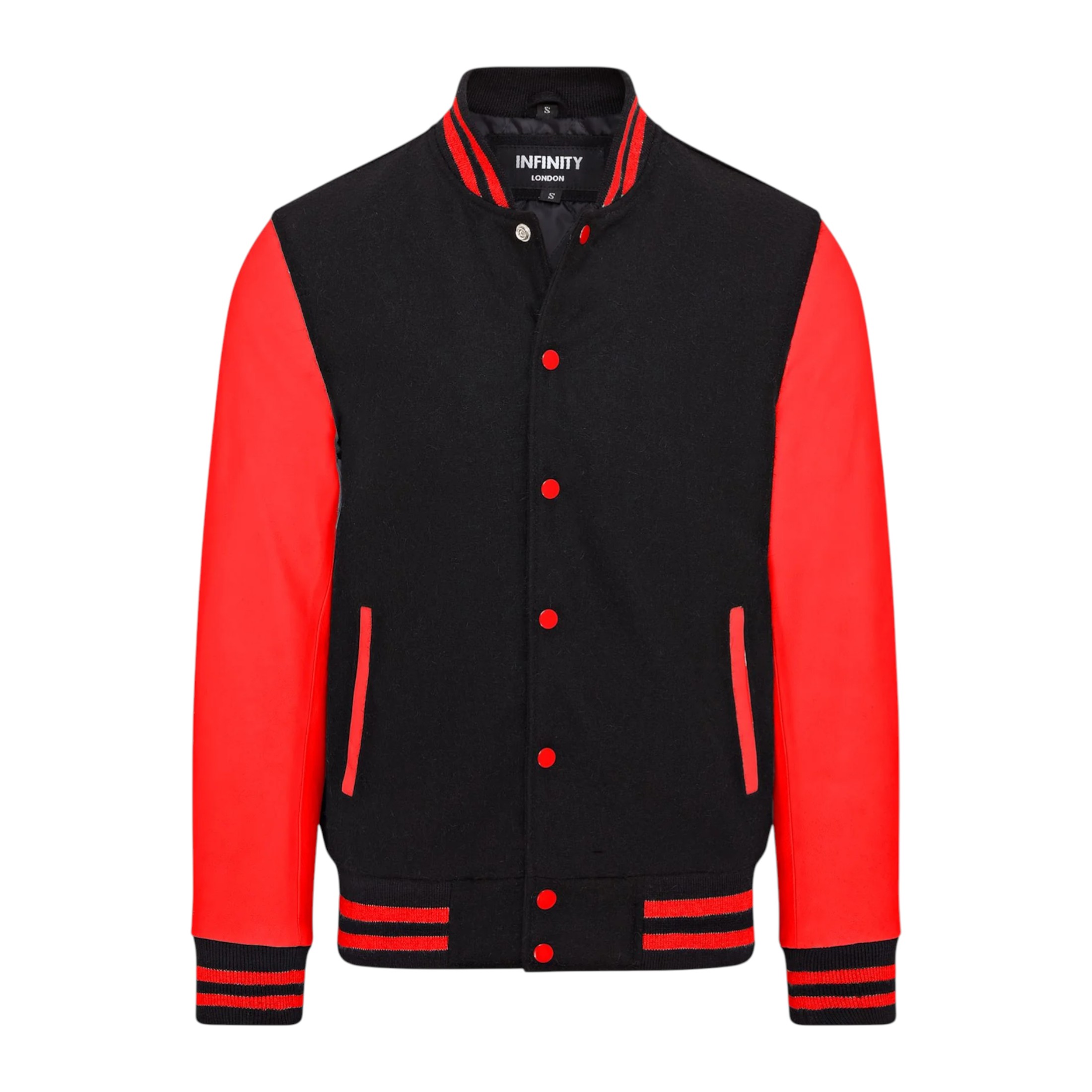Infinity Leather Men's   Black Letterman Baseball Wool /Red Leather Varsity Bomber Jacket - Wallingford in Size L, BrandAlley