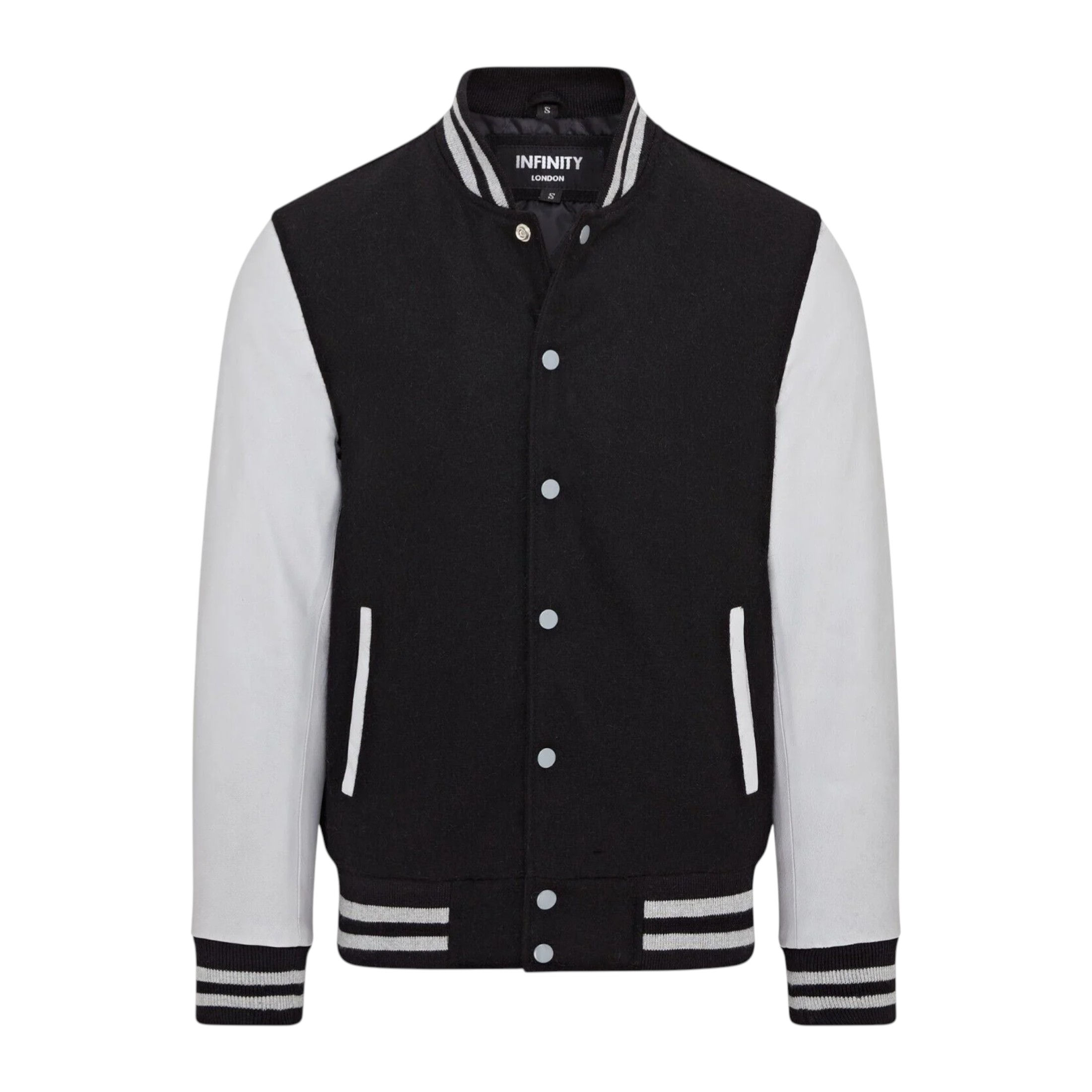 Infinity Leather Men's   Black Letterman Baseball Wool /Grey Leather Varsity Bomber Jacket - Wallingford in Size M, BrandAlley