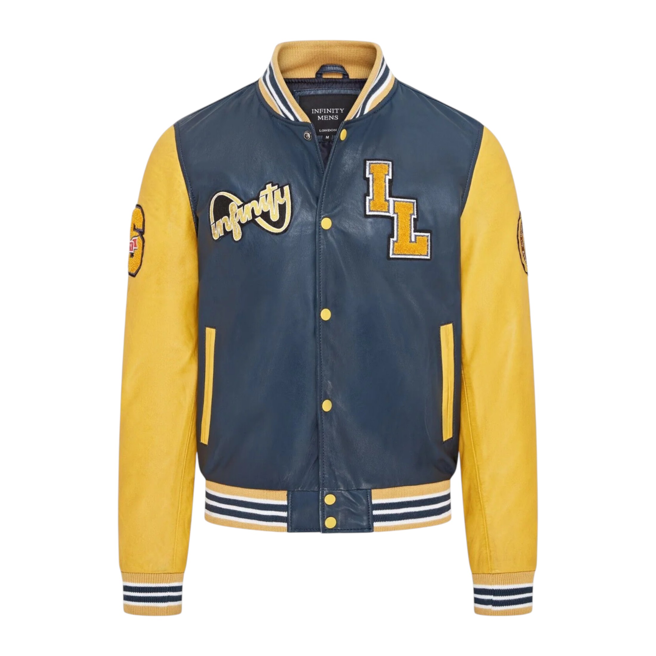 Infinity Leather Men's   Baseball Blue Leather Letterman Bomber Jacket - Walthamstow in Size S, BrandAlley