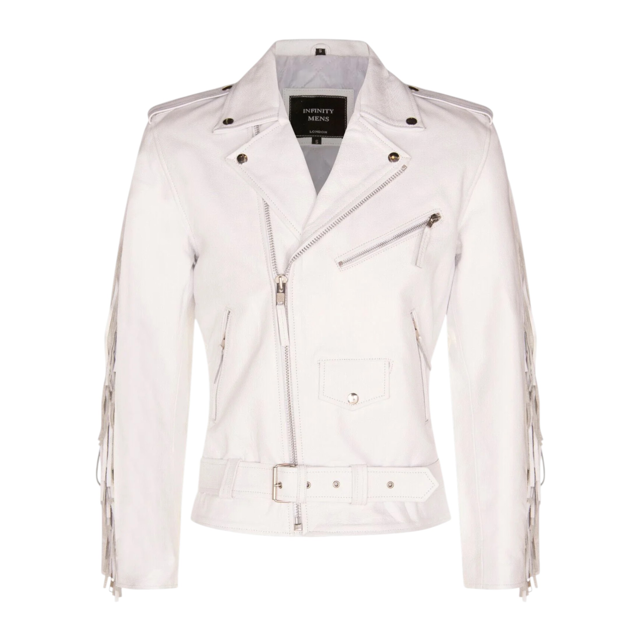 Infinity Leather Men's   White  Fringe Hide Leather Biker Jacket- Sevenoaks In in Size XL, BrandAlley