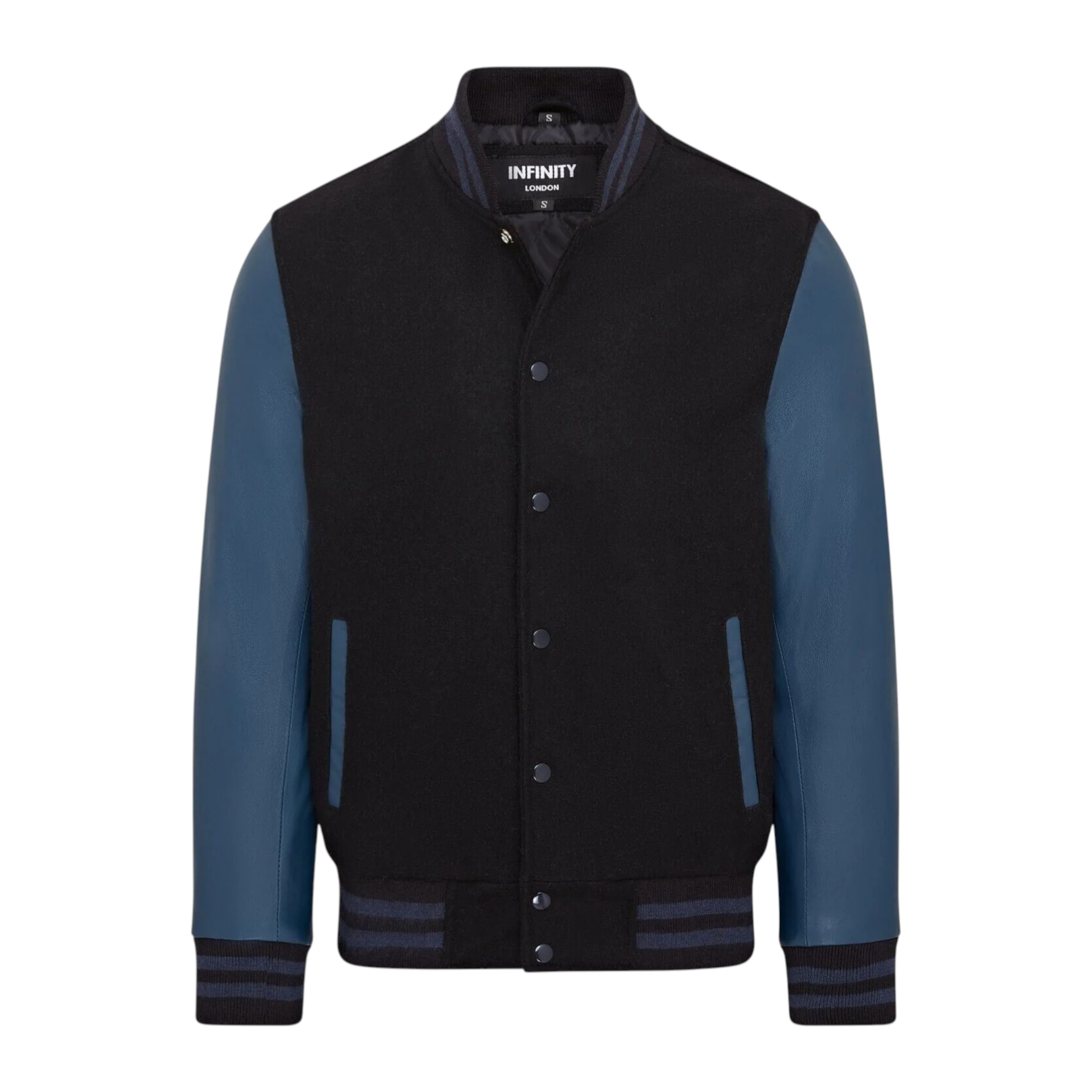 Infinity Leather Men's   Black Letterman Baseball Wool /Blue Leather Varsity Bomber Jacket - Wallingford in Size L, BrandAlley