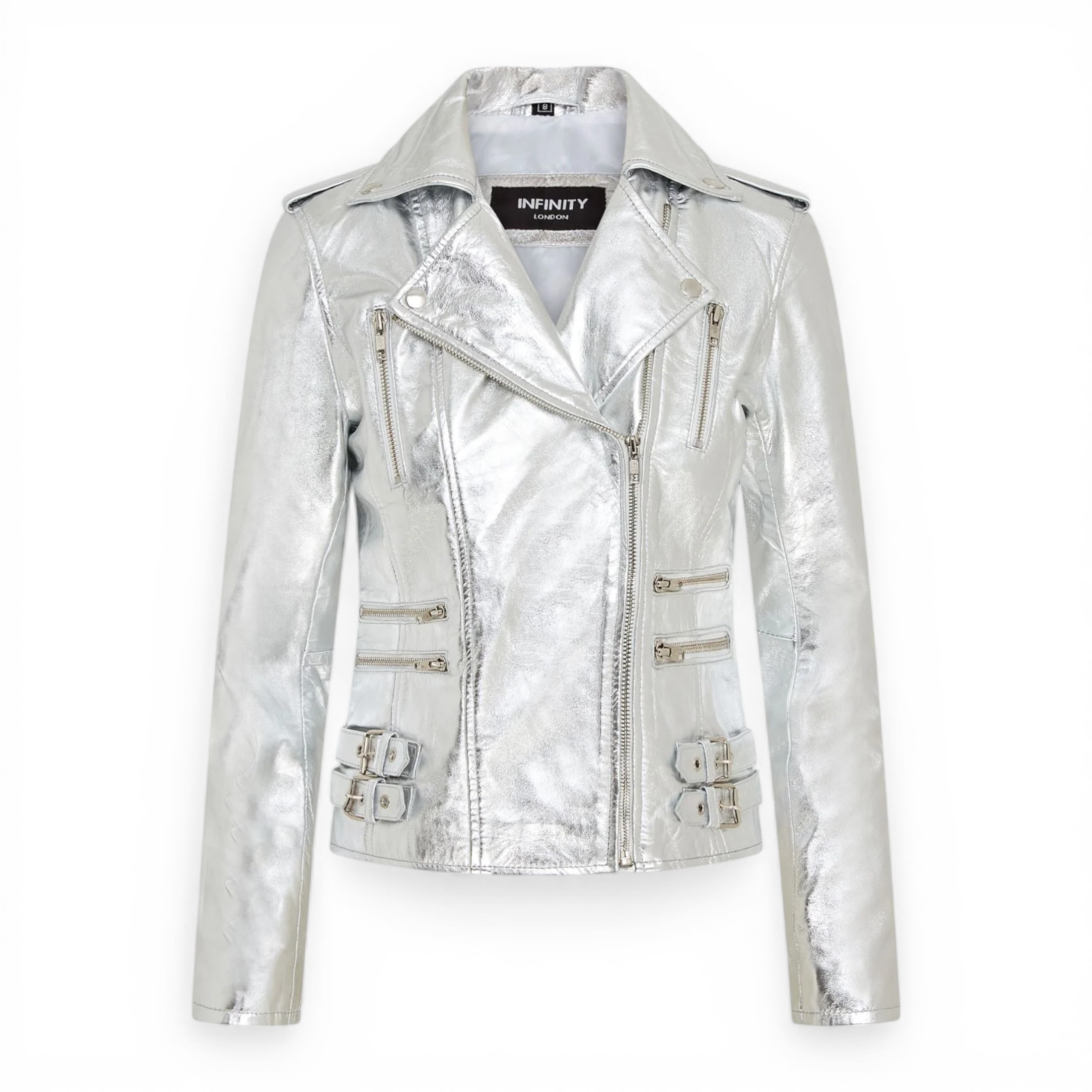 Infinity Leather Women's   Silver Leather Brando Biker Jacket-Orlando in Size 3XL, BrandAlley