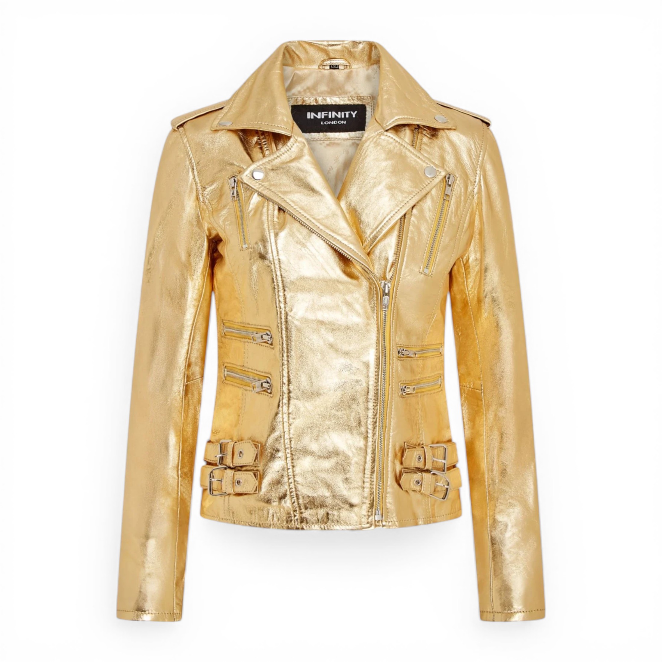 Infinity Leather Women's   Gold Leather Brando Biker Jacket-Orlando in Size L, BrandAlley