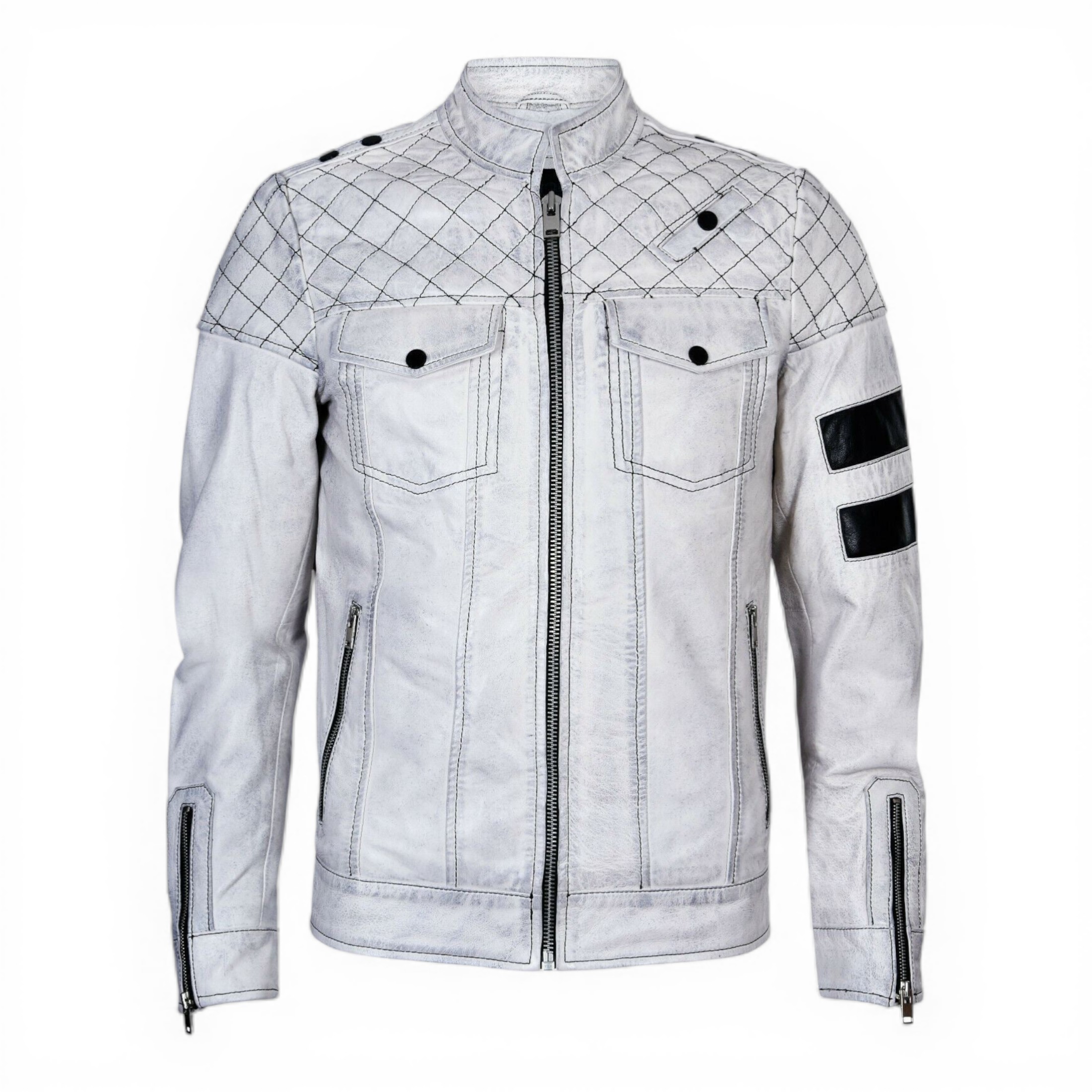 Infinity Leather Men's   White  Vintage Quilted Leather Biker Jacket-Southwell in Size S, BrandAlley