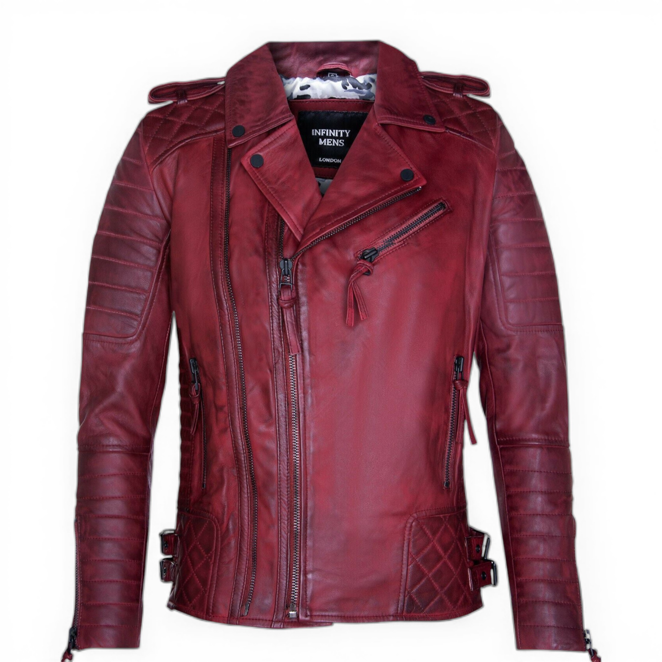 Infinity Leather Men's   Red  Double Zip Burgundy Leather Biker Jacket-Sandbach in Size 4XL, BrandAlley