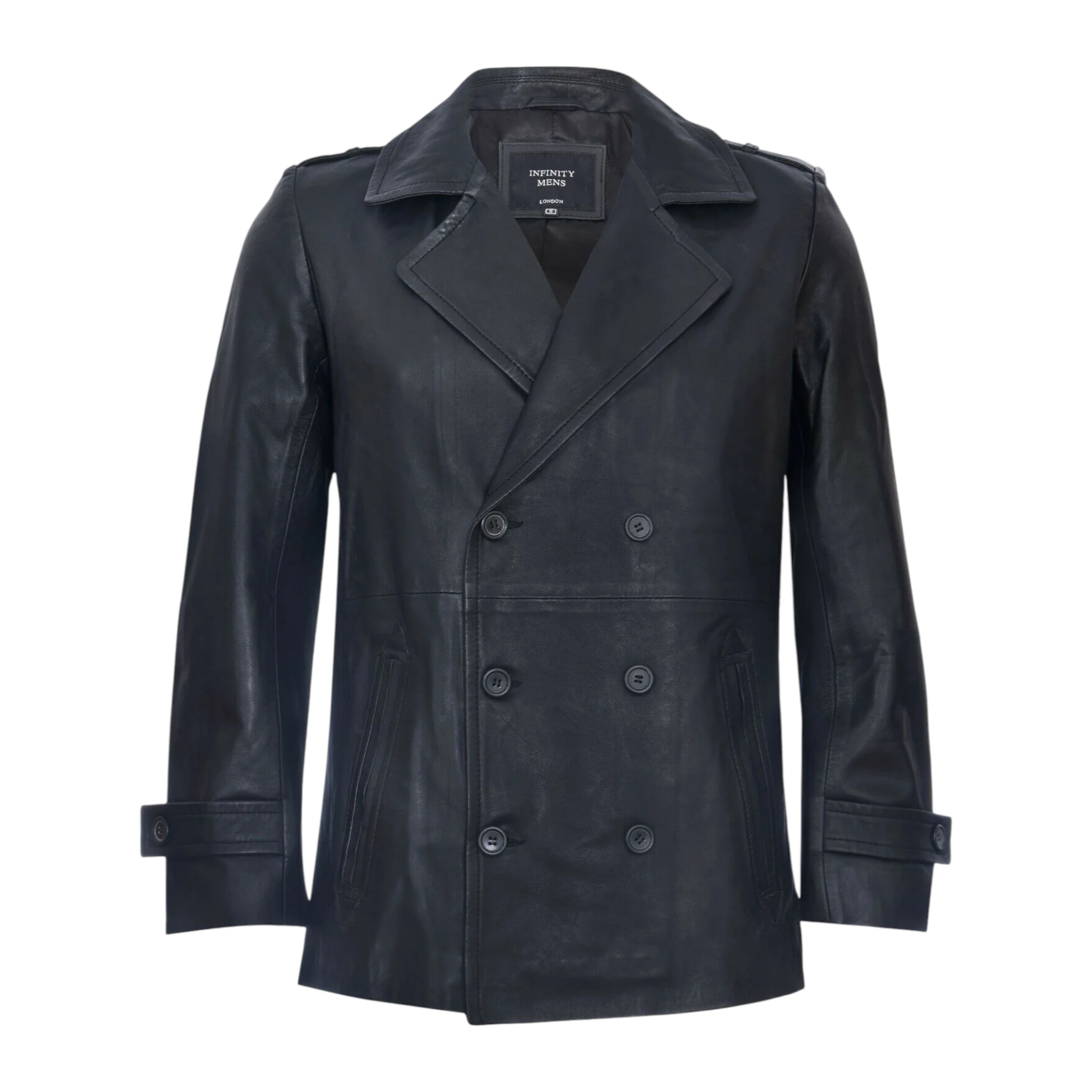Infinity Leather Men's   Black  Mid-Length Leather Peacoat-Epworth in Size 4XL, BrandAlley