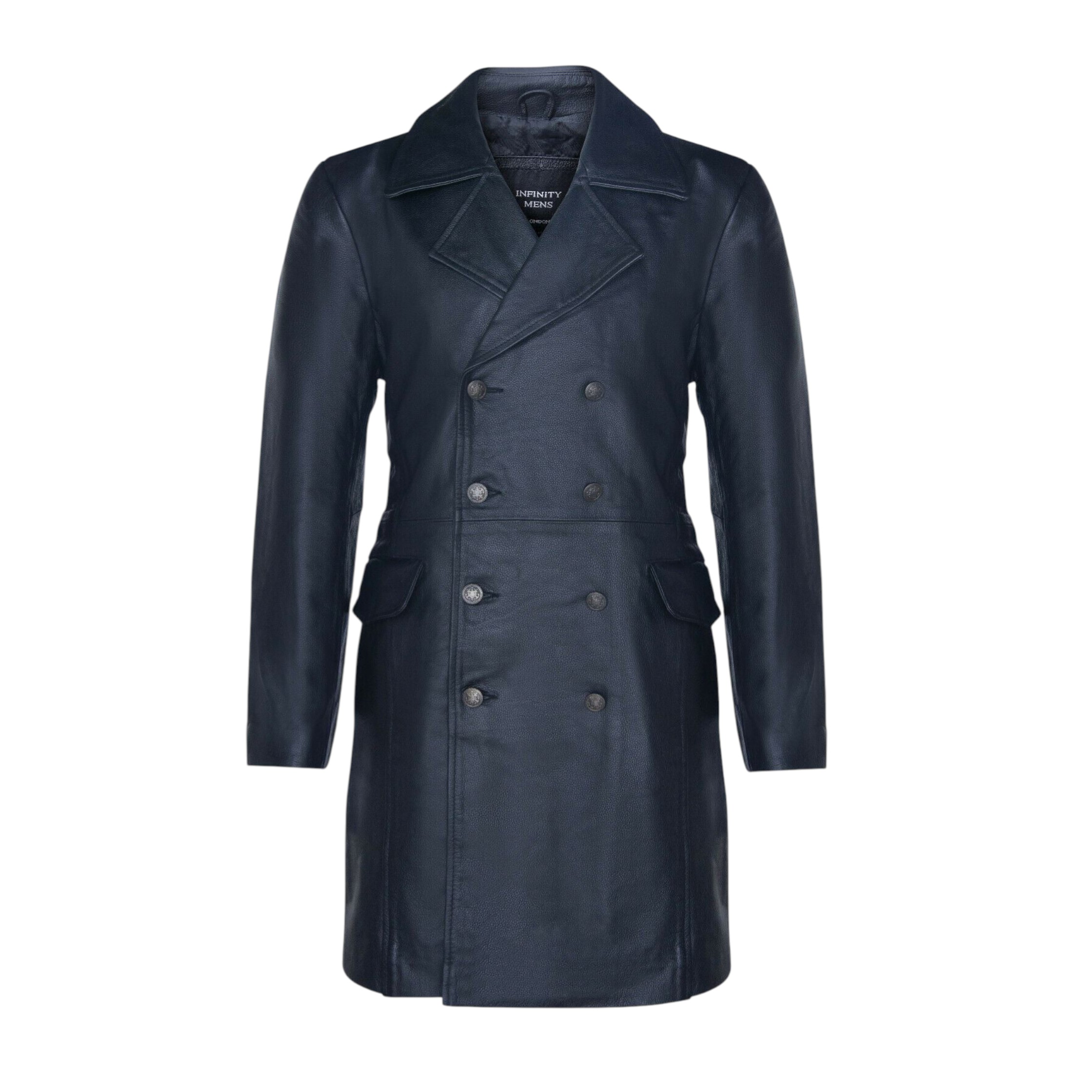 Infinity Leather Men's   Long Black Cowhide Leather Peacoat-Ellesmere in Size S, BrandAlley