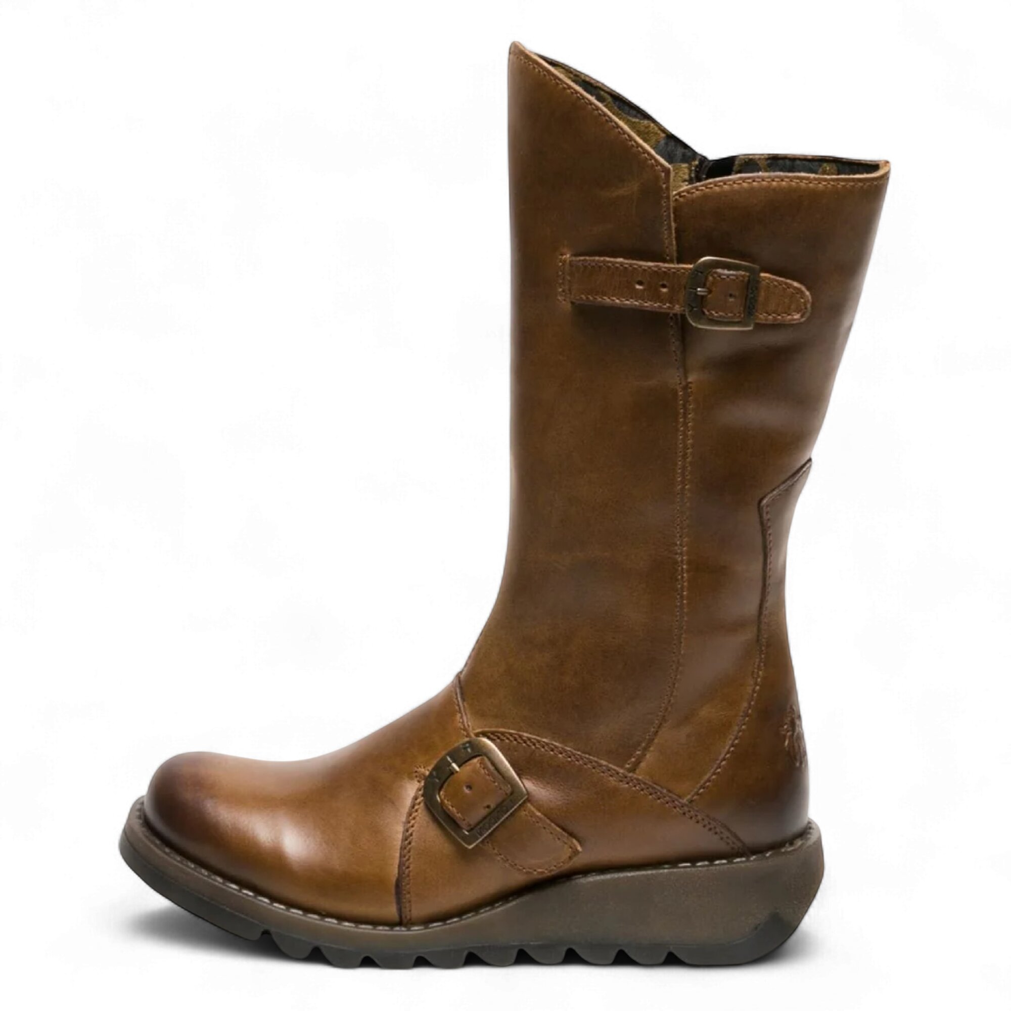 Fly London Women's   Camel Mes 2 Wedge Heel Buckle Mid-Calf Leather Zip Platform Boots in Size 36, BrandAlley