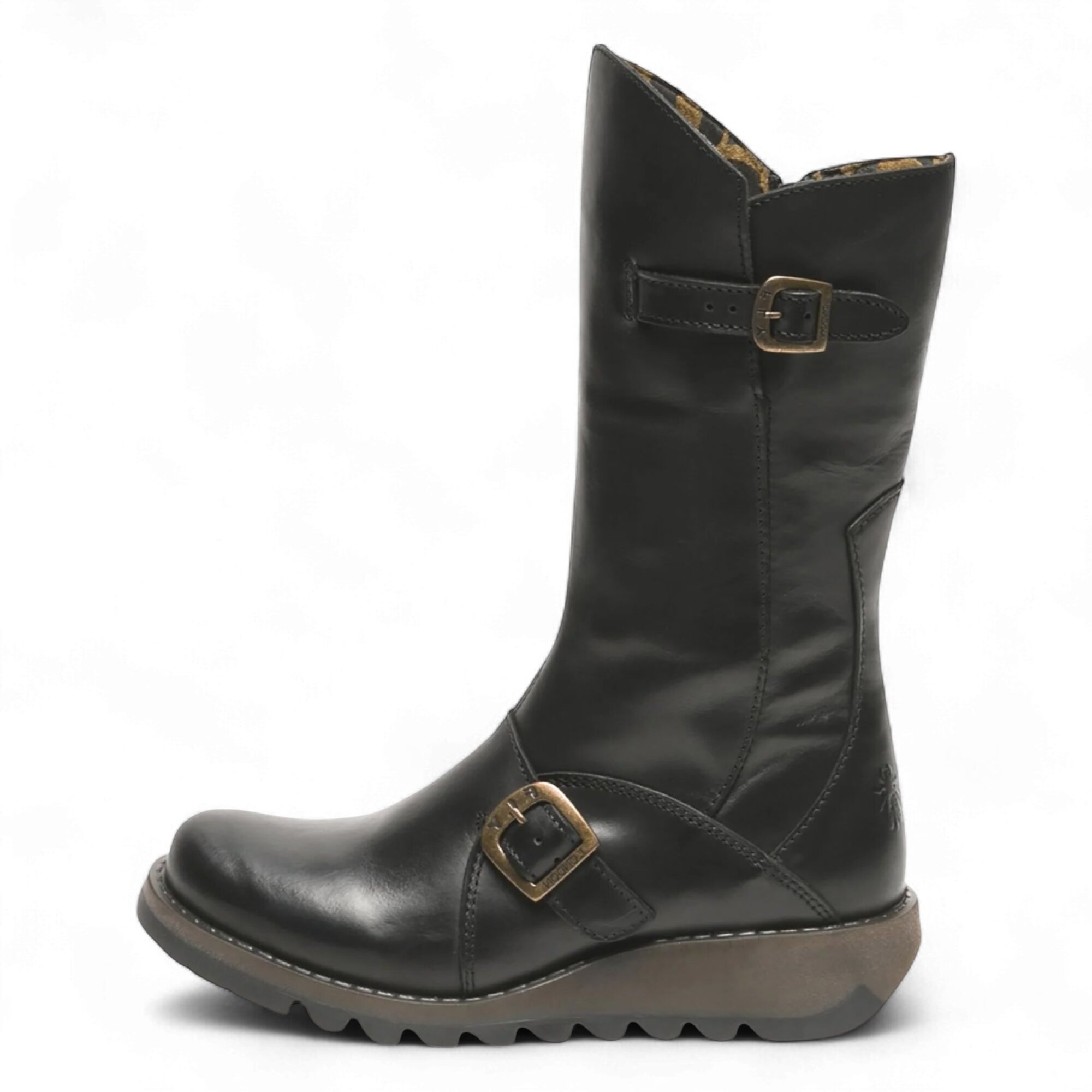 Fly London Women's   Black Mes 2 Wedge Heel Buckle Mid-Calf Leather Zip Platform Boots in Size 40, BrandAlley