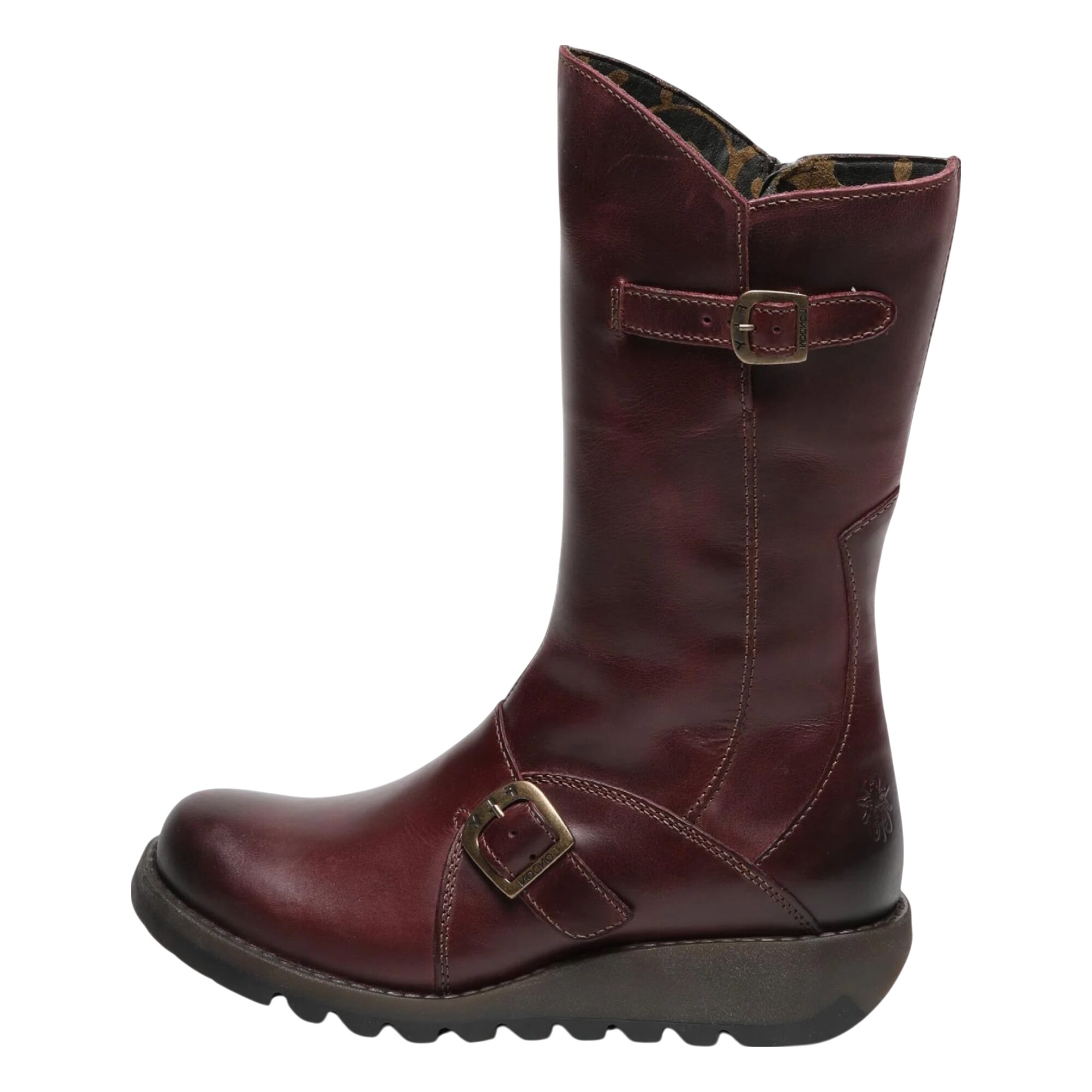 Fly London Women's   Wine Mes 2 Wedge Heel Buckle Mid-Calf Leather Zip Platform Boots in Size 36, BrandAlley