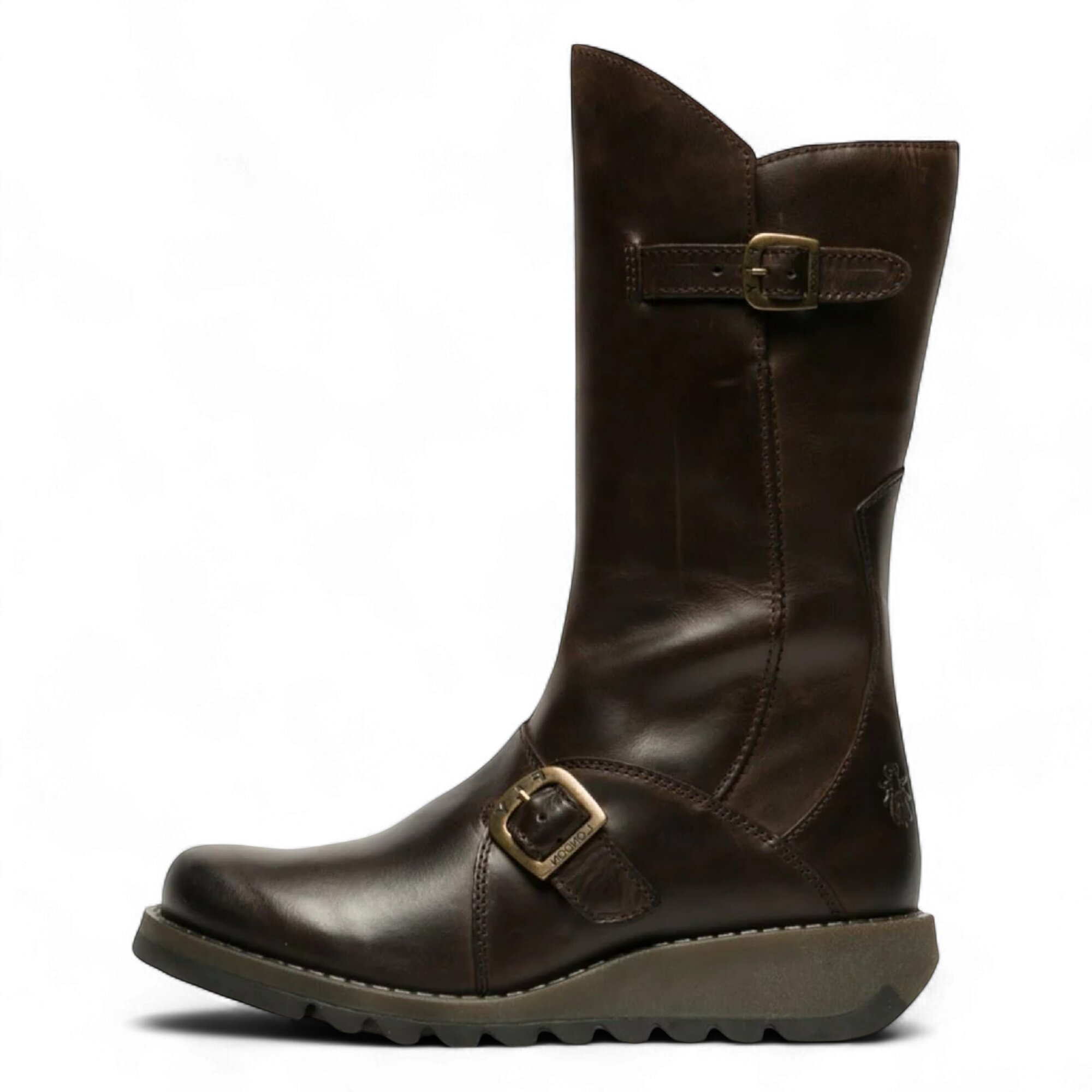 Fly London Women's   Brown Mes 2 Wedge Heel Buckle Mid-Calf Leather Zip Platform Boots in Size 38, BrandAlley