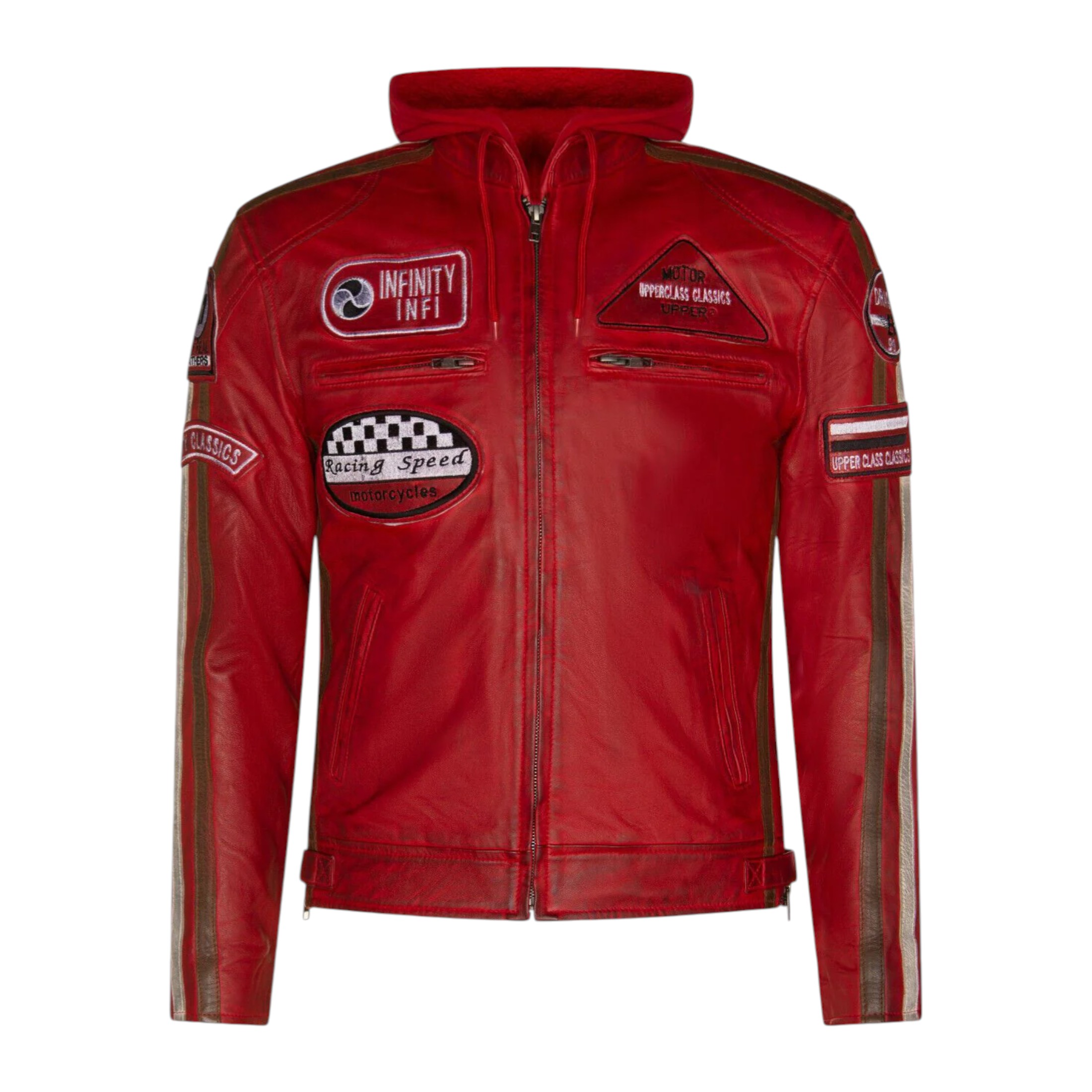 Infinity Leather Men's   Red  Racing Hooded Leather Biker Jacket-Clovelly in Size XL, BrandAlley