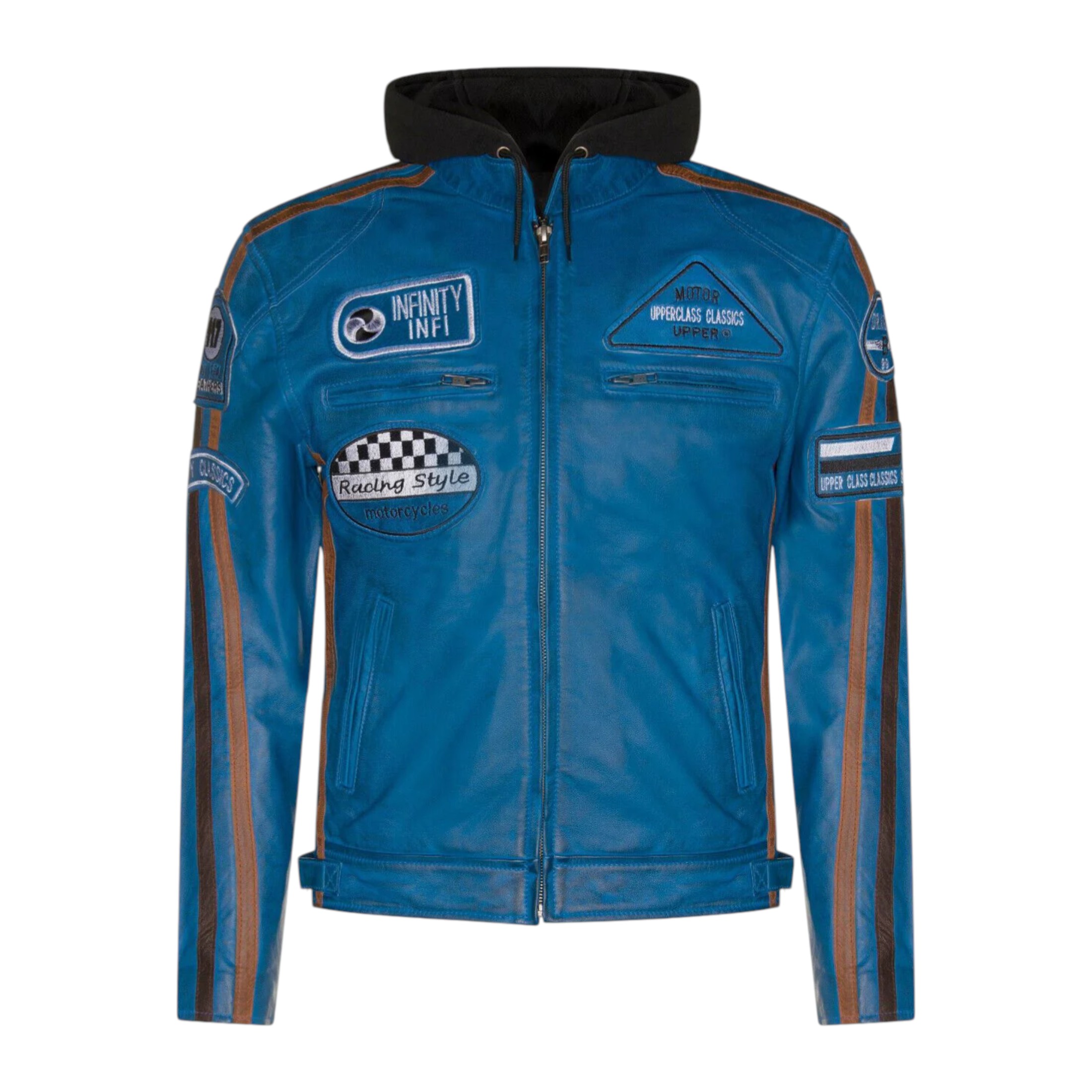 Infinity Leather Men's   Blue  Racing Hooded Leather Biker Jacket-Clovelly in Size S, BrandAlley
