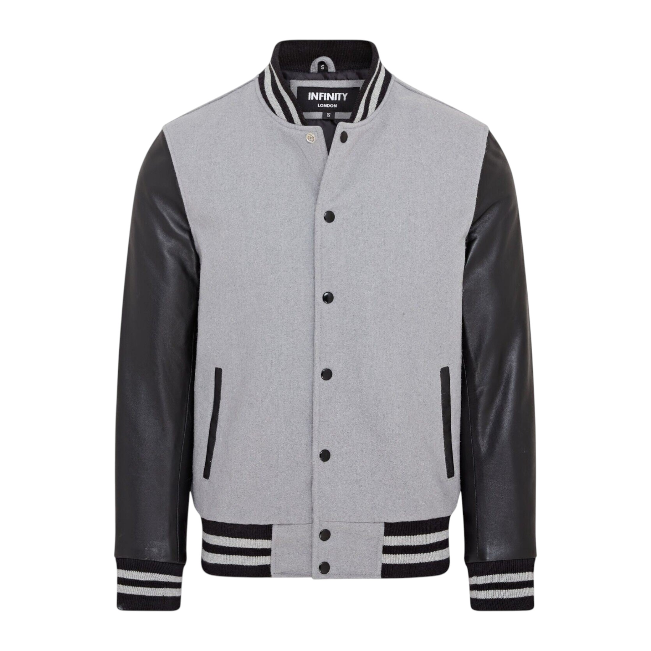 Infinity Leather Men's   Grey Letterman Baseball Wool /Black Leather Varsity Bomber Jacket - Wallingford in Size 3XL, BrandAlley
