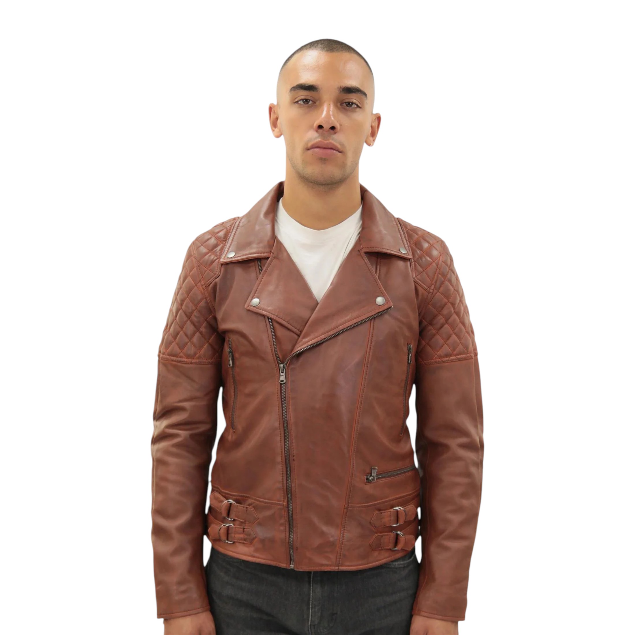 Infinity Leather Men's   Quilted Brown Leather Biker Jacket-Stonehouse in Size 2XL, BrandAlley