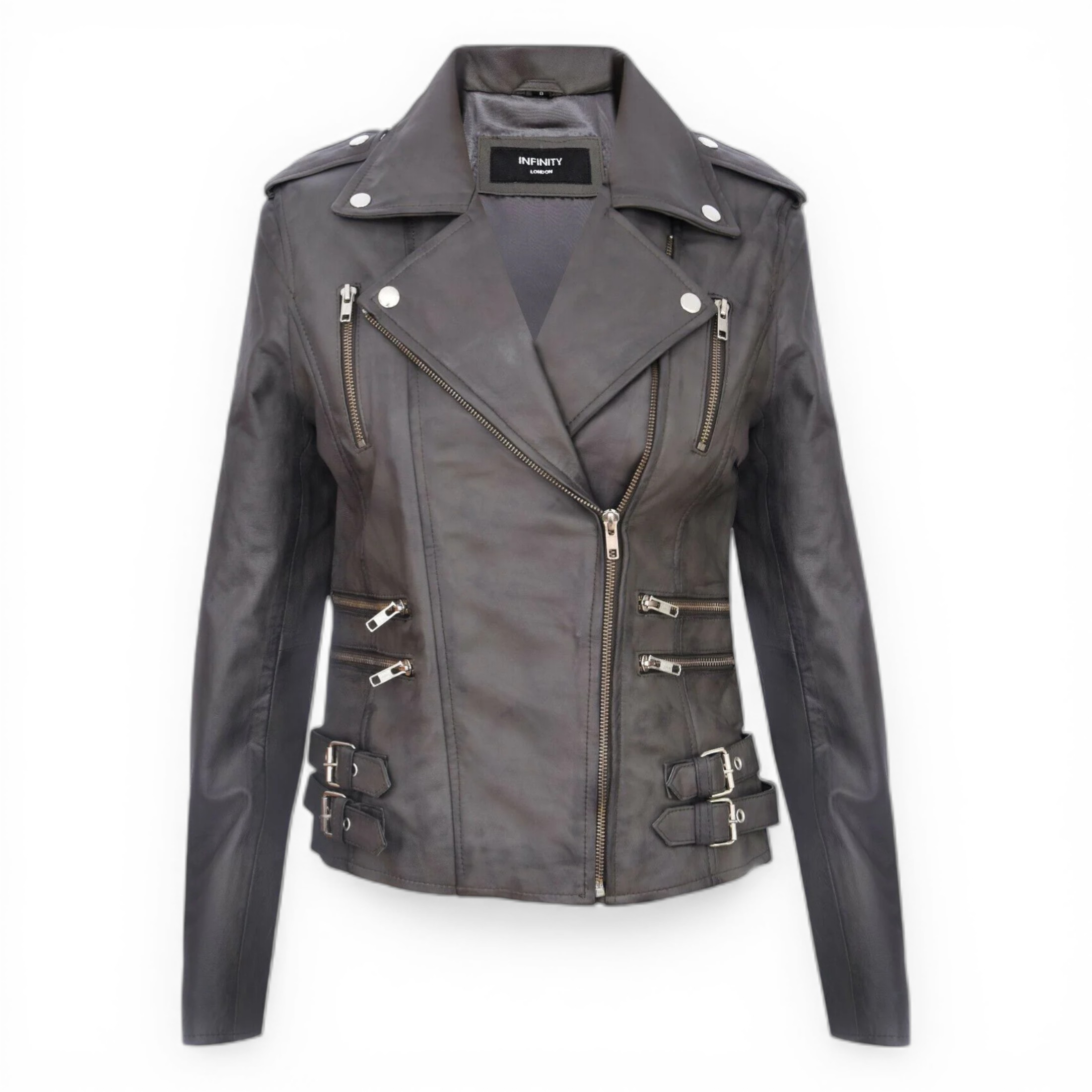 Infinity Leather Women's   Grey Leather Brando Biker Jacket-Loddon in Size 2XL, BrandAlley