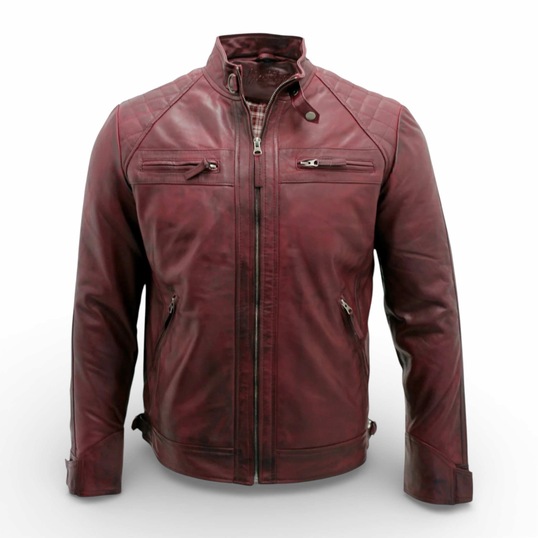 Infinity Leather Men's   Red Men Classic Burgundy Leather Quilted Biker Jacket-Silsden in Size XS, BrandAlley