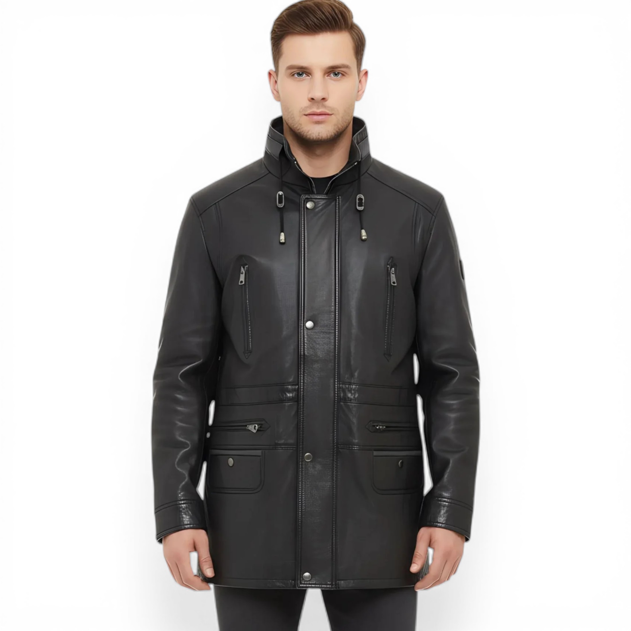 Infinity Leather Men's   Black  Soft Italian Leather Parka Coat-Winnipeg in Size 2XL, BrandAlley