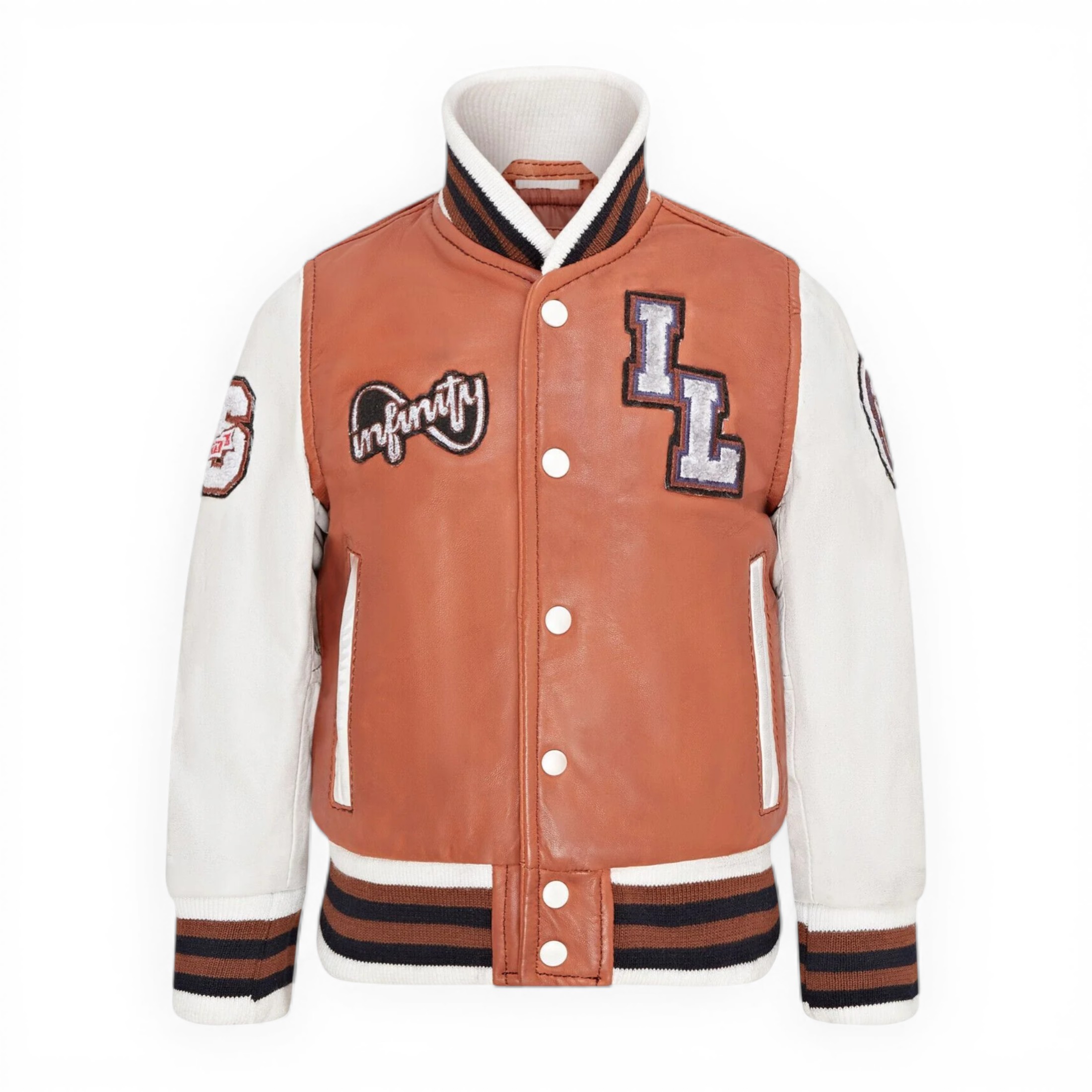 Infinity Leather Boys  Kids Tan Letterman Leather Varsity College Bomber Jacket 3-13 yrs in Size 10/11 Years, BrandAlley