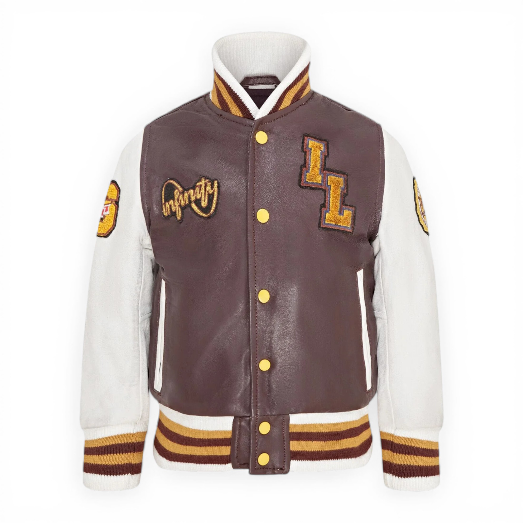 Infinity Leather Boys  Kids Burgundy Letterman Leather Varsity College Bomber Jacket 3-13 yrs in Size 8/9 Years, BrandAlley