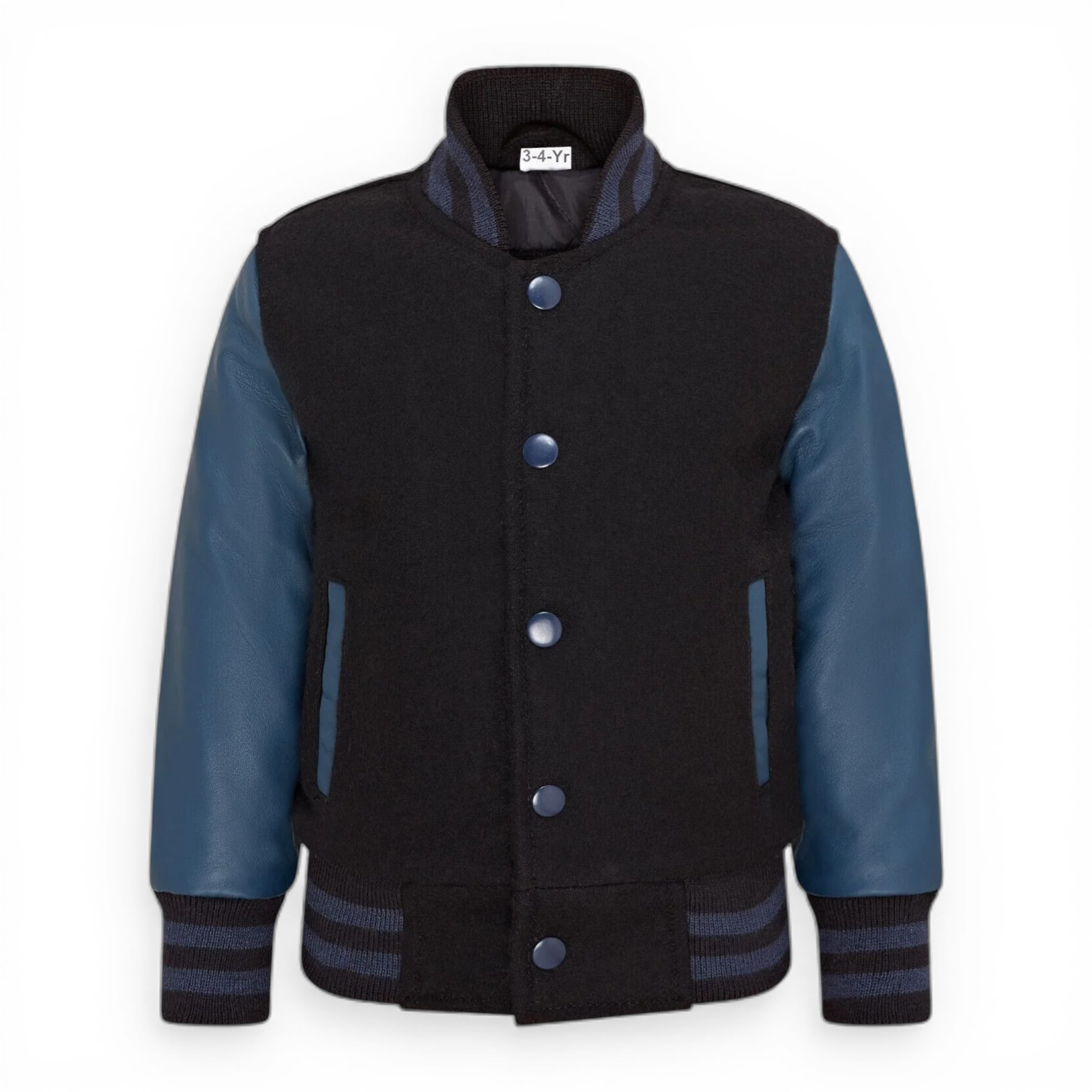 Infinity Leather Boys  Kids Black with Blue Wool Varsity Bomber Jacket with Real Leather Sleeves in Size 8/9 Years, BrandAlley