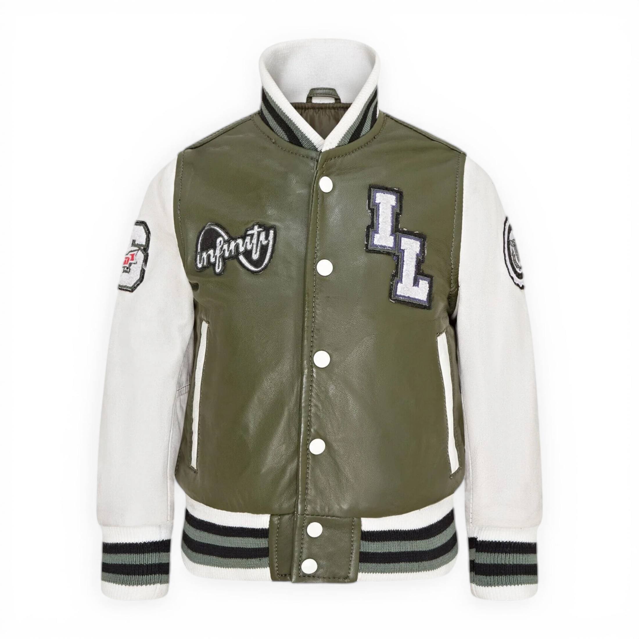 Infinity Leather Boys  Kids Green Letterman Leather Varsity College Bomber Jacket 3-13 yrs in Size 3/4 Years, BrandAlley