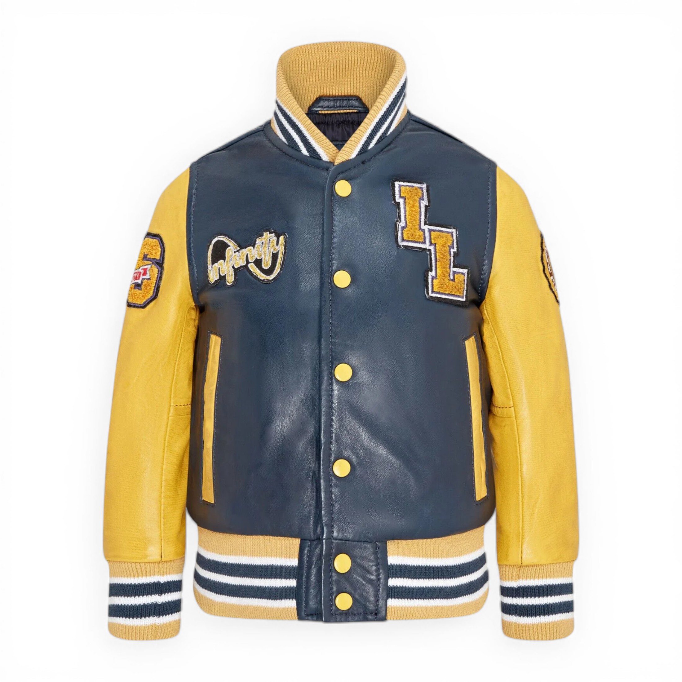 Infinity Leather Boys  Kids Blue Letterman Leather Varsity College Bomber Jacket 3-13 yrs in Size 4/5 Years, BrandAlley