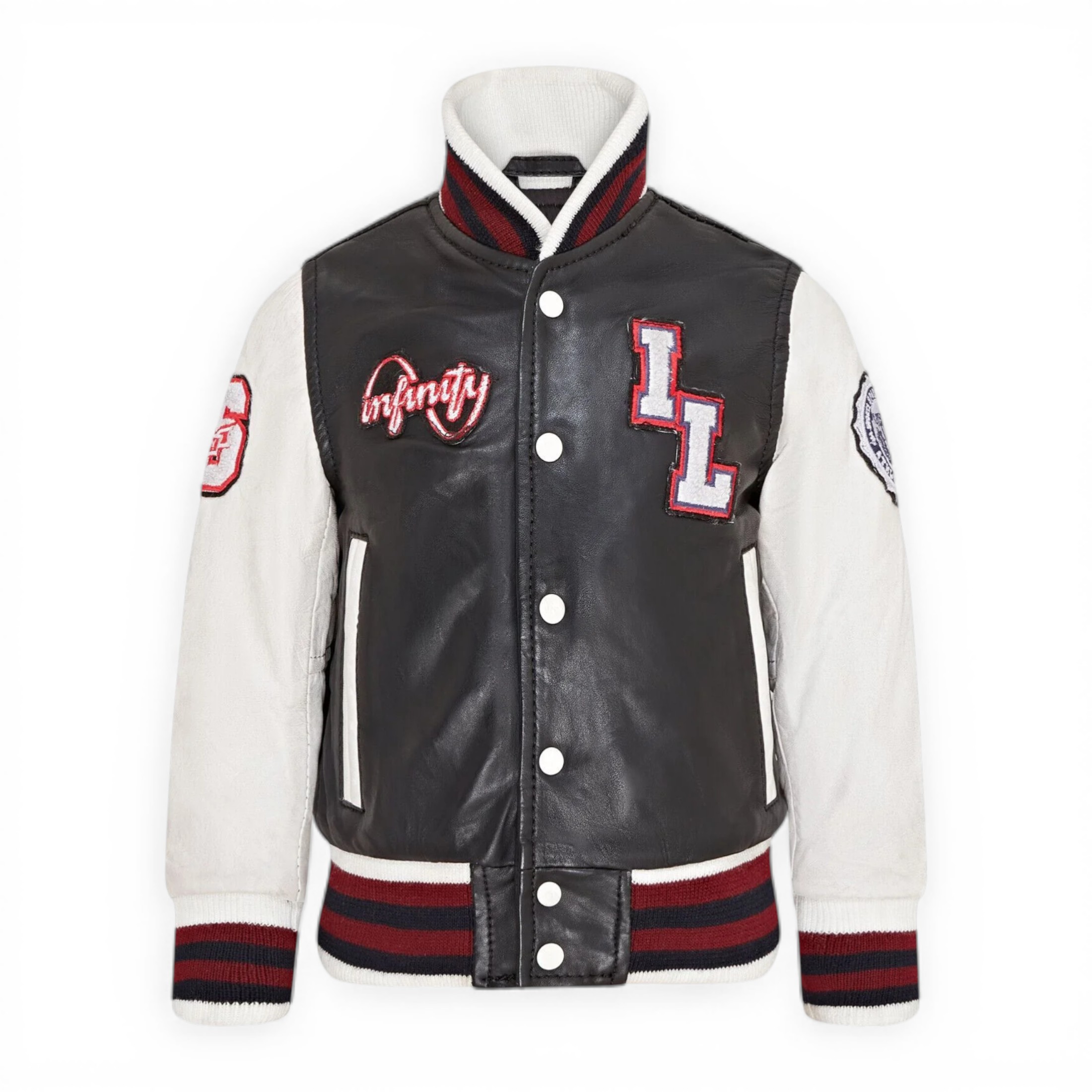 Infinity Leather Boys  Kids Black Letterman Leather Varsity College Bomber Jacket 3-13 yrs in Size 6/7 Years, BrandAlley