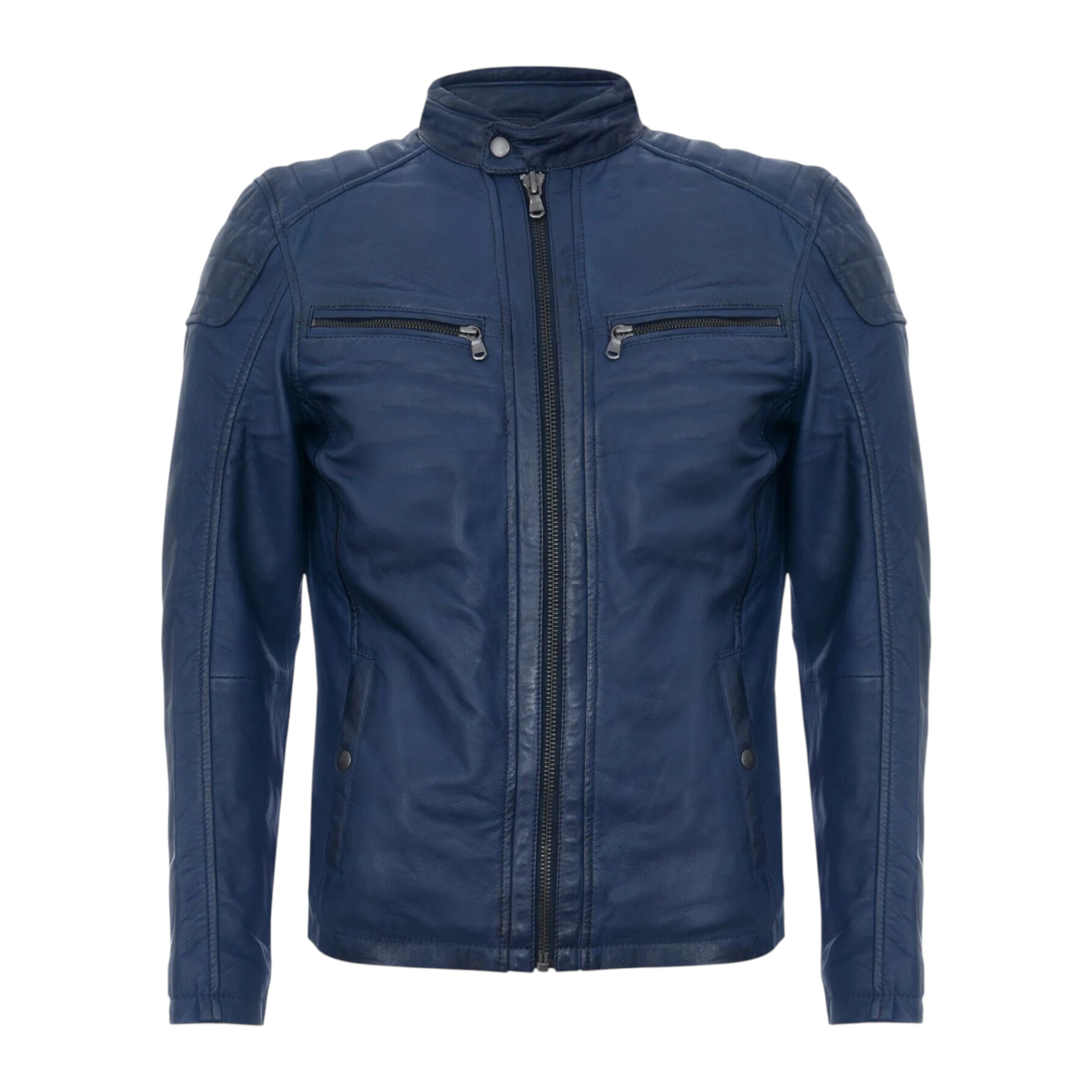 Infinity Leather Men's   Navy Leather Jacket Vintage Quilted Retro Racing Zipped Biker - Bratislava in Size S, BrandAlley