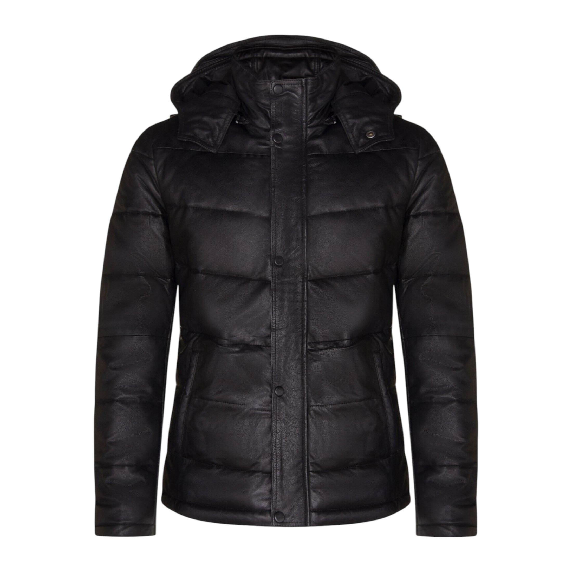 Infinity Leather Men's   Black  Puffer Leather Hooded Bomber Jacket-Cramlington in Size 5XL, BrandAlley
