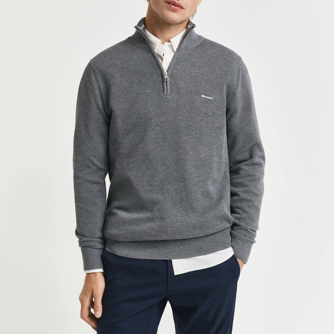 Gant Men's   Grey Cotton Pique Half Zip Jumper in Size XXXL, BrandAlley