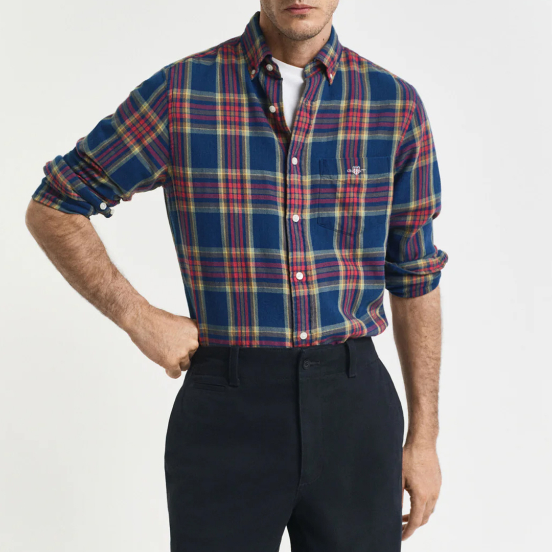 Gant Men's   Navy Indigo Twill Check Shirt in Size L, BrandAlley