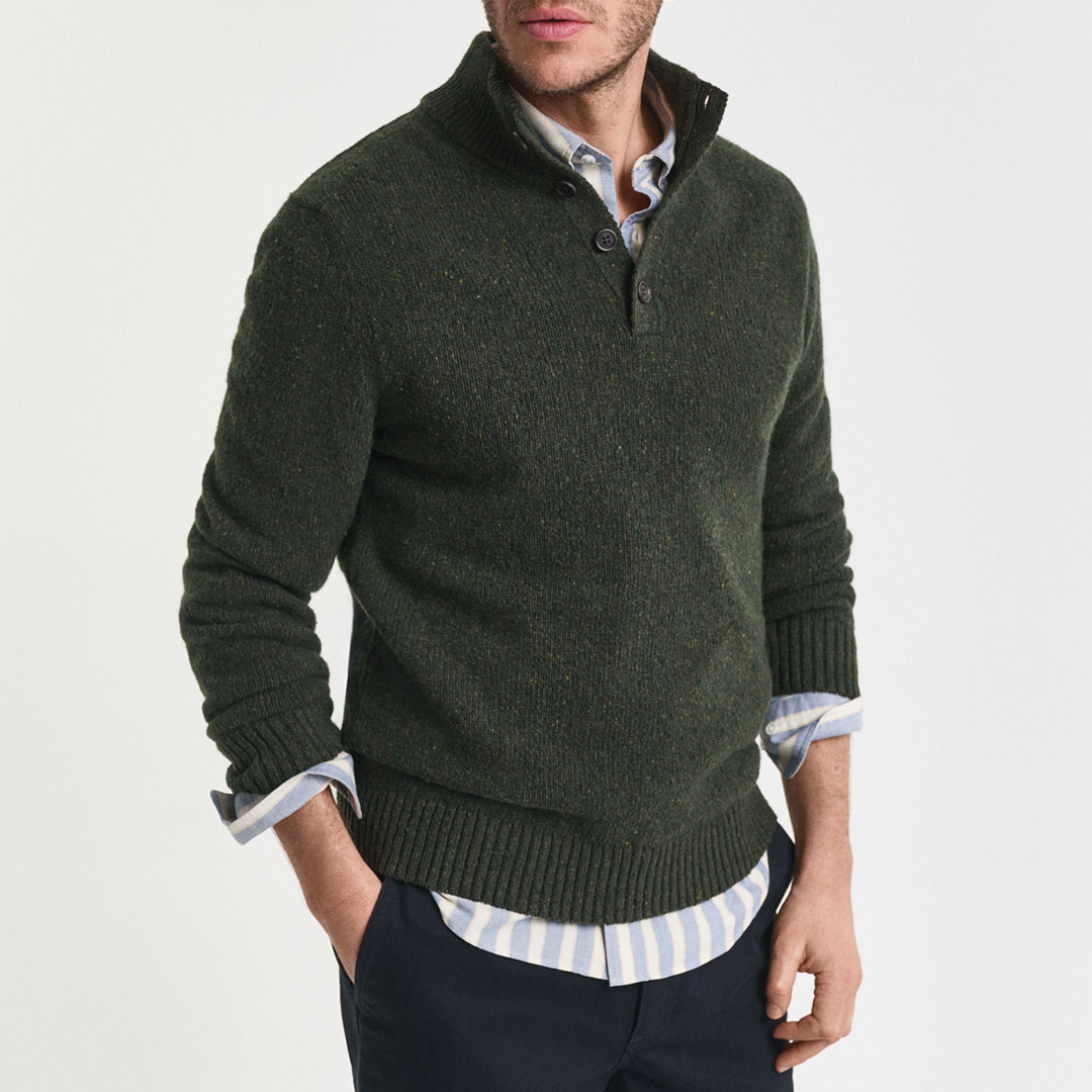 Gant Men's  Khaki Wool Blend Neps Half Buttoned Jumper in Size M, BrandAlley
