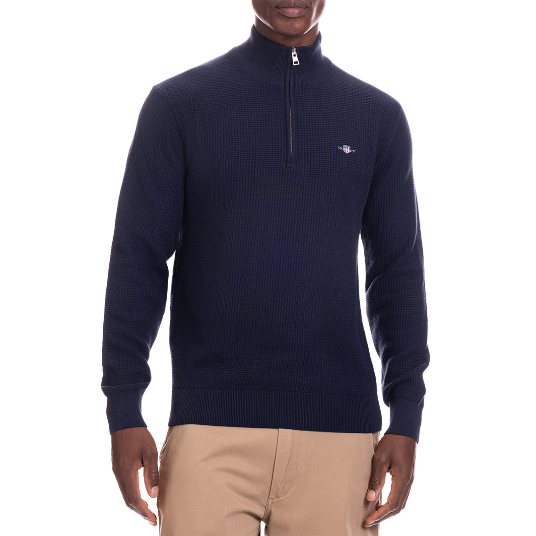Gant Men's   Navy Textured Half Zip Jumper in Size L, BrandAlley