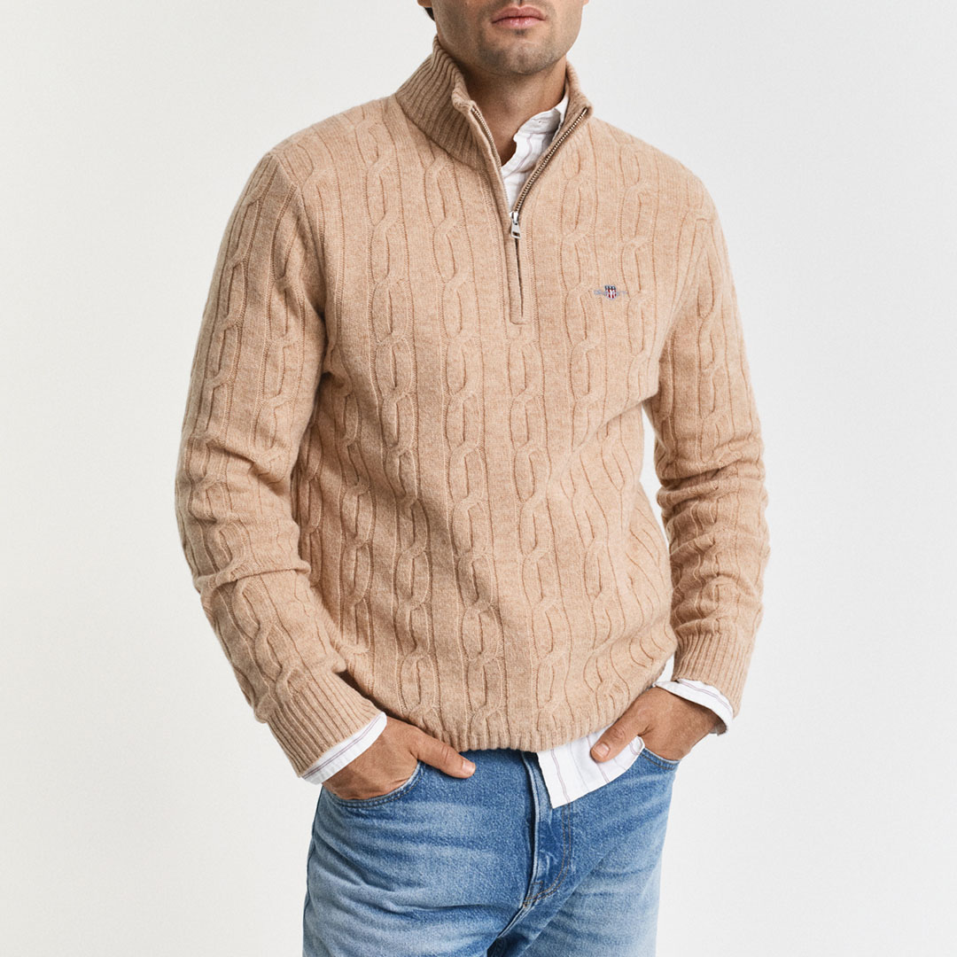 Gant Men's   Beige Lambswool Cable 1/4 Zip Jumper in Size 4XL, BrandAlley