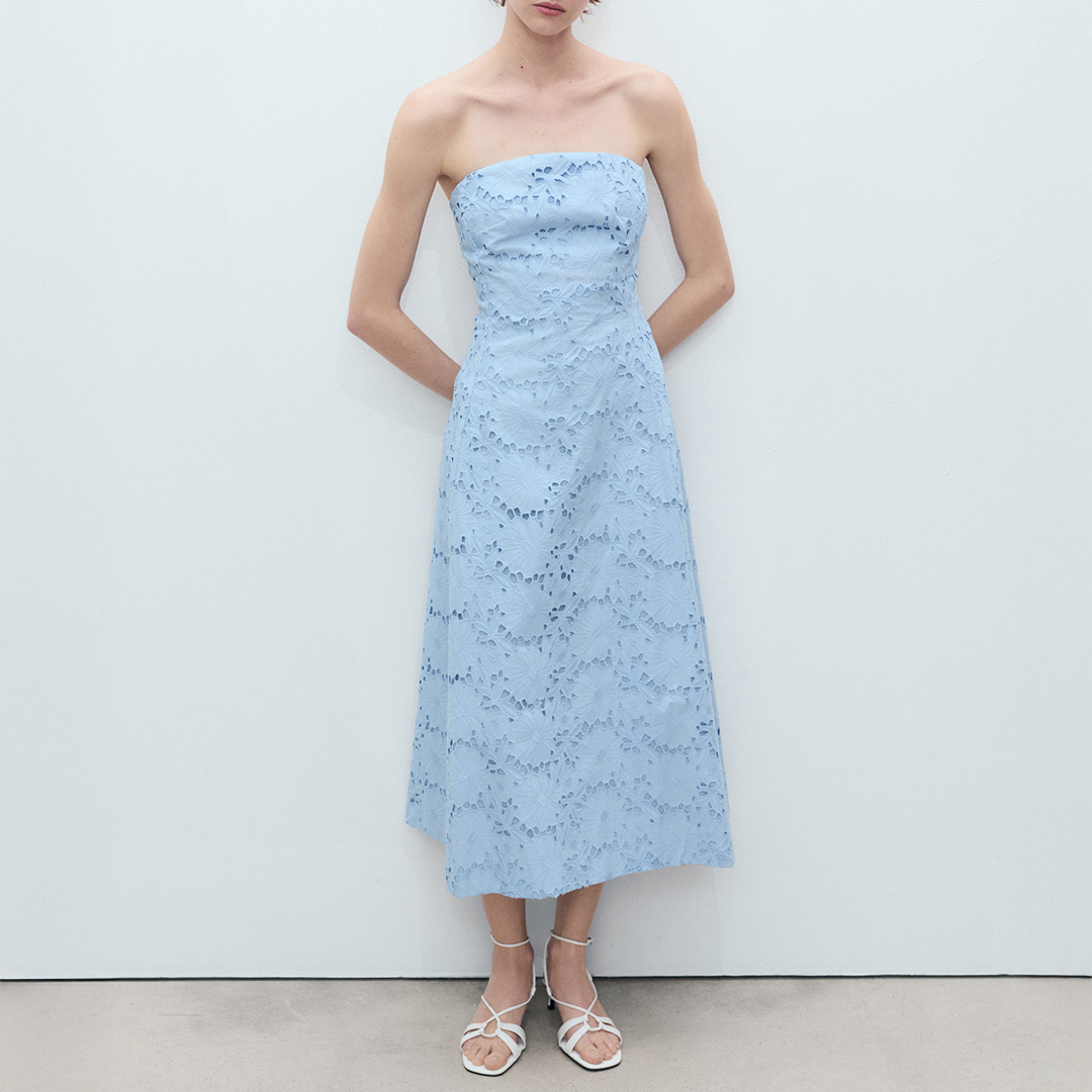 Mango Women's  Light Blue English Floral Embroidered Strapless Dress in Size L, BrandAlley