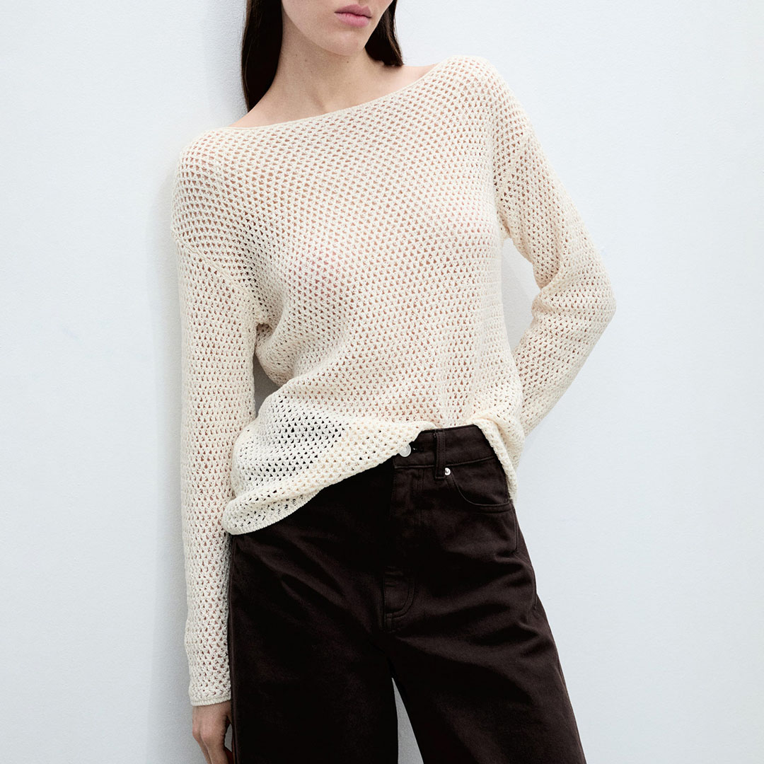 Mango Women's   Cream Openwork Knitted Boat-Neck Sweater in Size S, BrandAlley