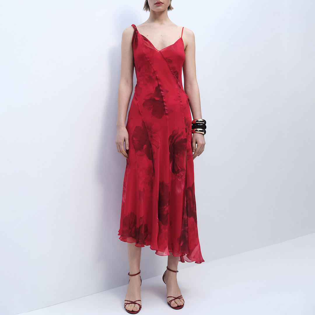 Mango Women's  Red Asymmetrical Floral Dress in Size S, BrandAlley