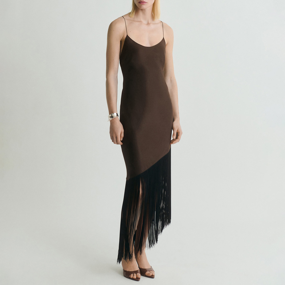 Mango Women's   Brown Asymmetrical Satin Dress With Fringes in Size M, BrandAlley