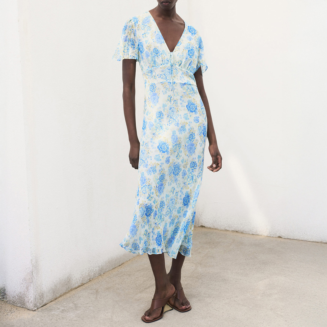 Mango Women's   Blue / White Short Sleeved Floral Midi Dress in Size S, BrandAlley