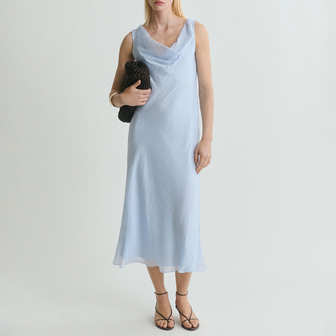 Mango Women's  Blue Midi Dress With Draped Neckline in Size S, BrandAlley