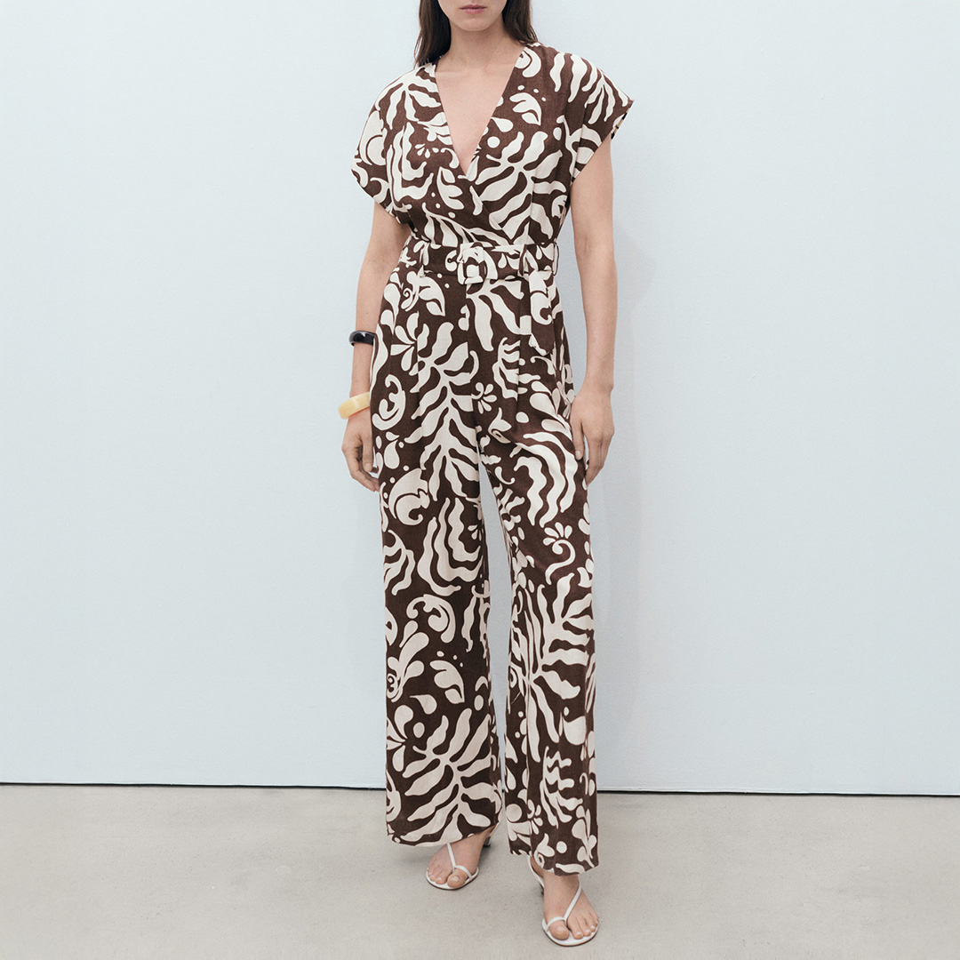 Mango Women's  Brown Printed Linen Jumpsuit With Belt in Size M, BrandAlley