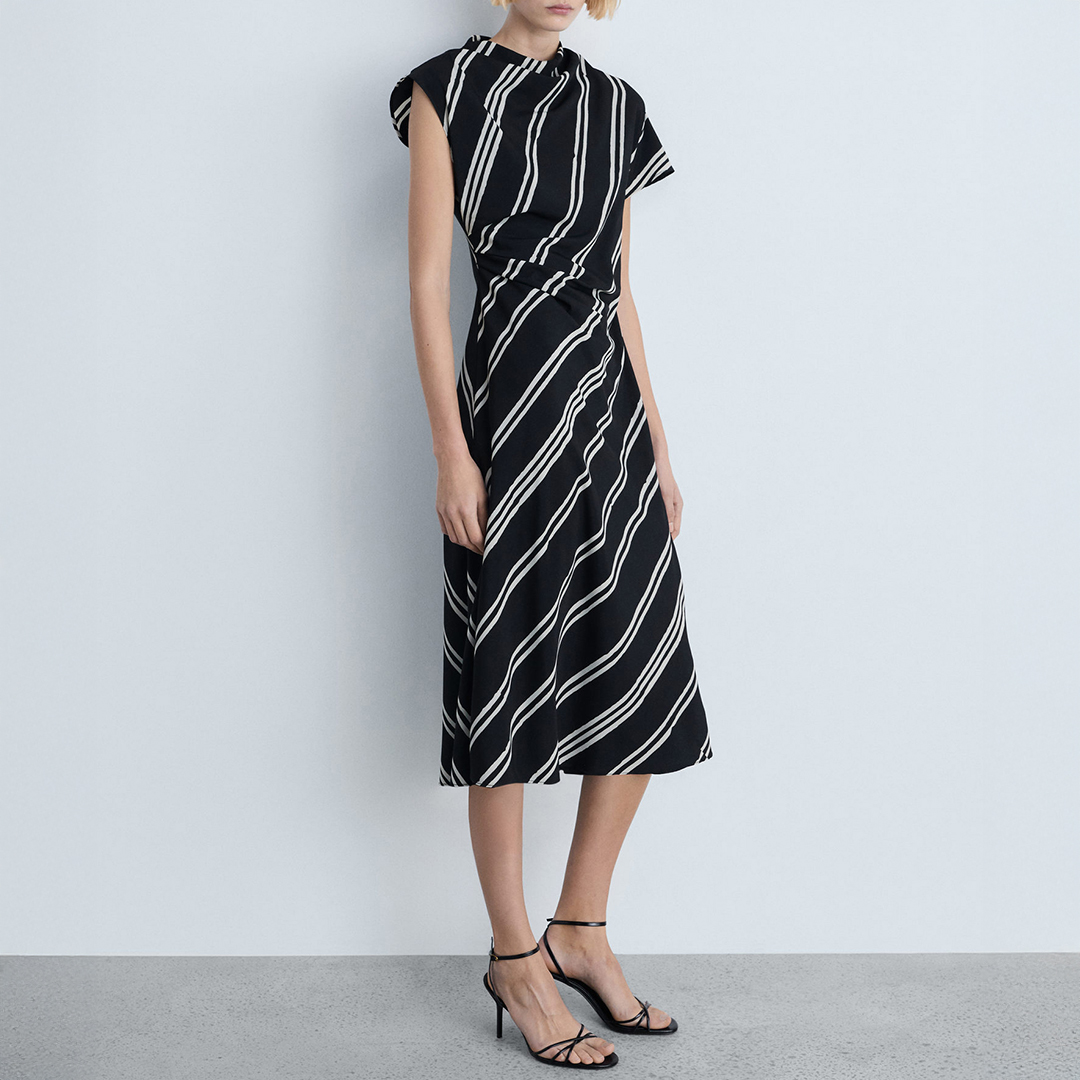Mango Women's  Black Stripe Print Midi Dress in Size L, BrandAlley