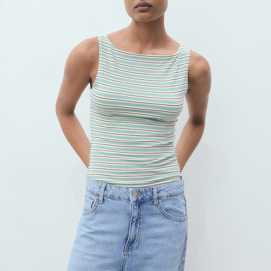 Mango Women's   Green Striped Boat-Neck Top in Size M, BrandAlley