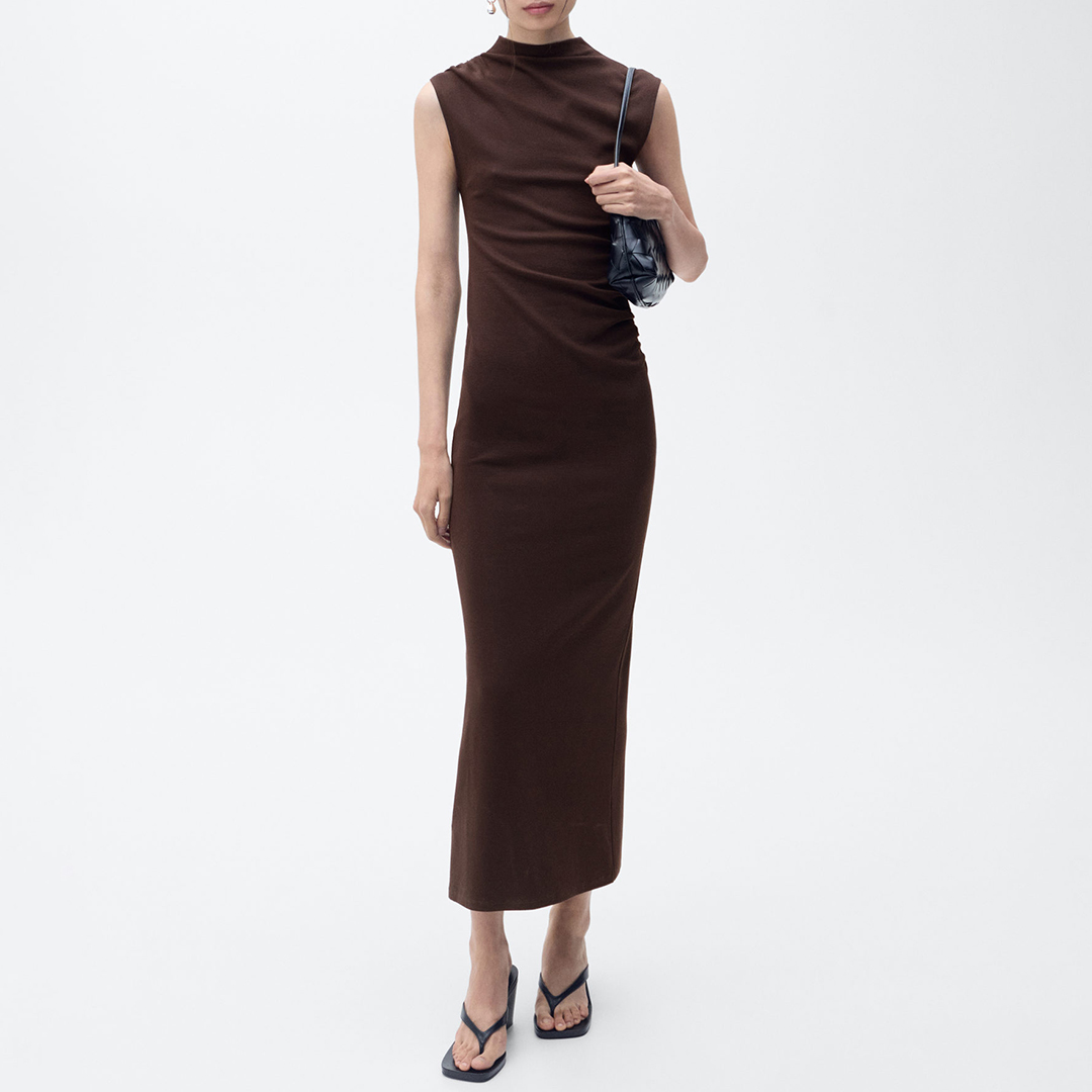 Mango Women's  Brown Draped Dress With Perkins Collar in Size S, BrandAlley