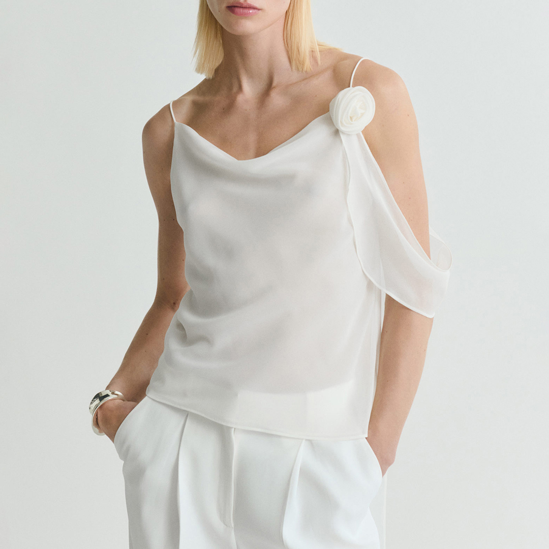 Mango Women's  White Draped Top With Flower Detail in Size S, BrandAlley
